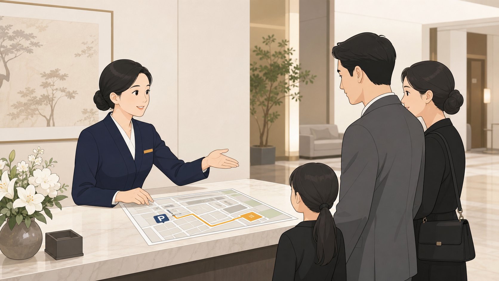 장례식장 안내데스크에서 주차 안내를 받는 조문객
