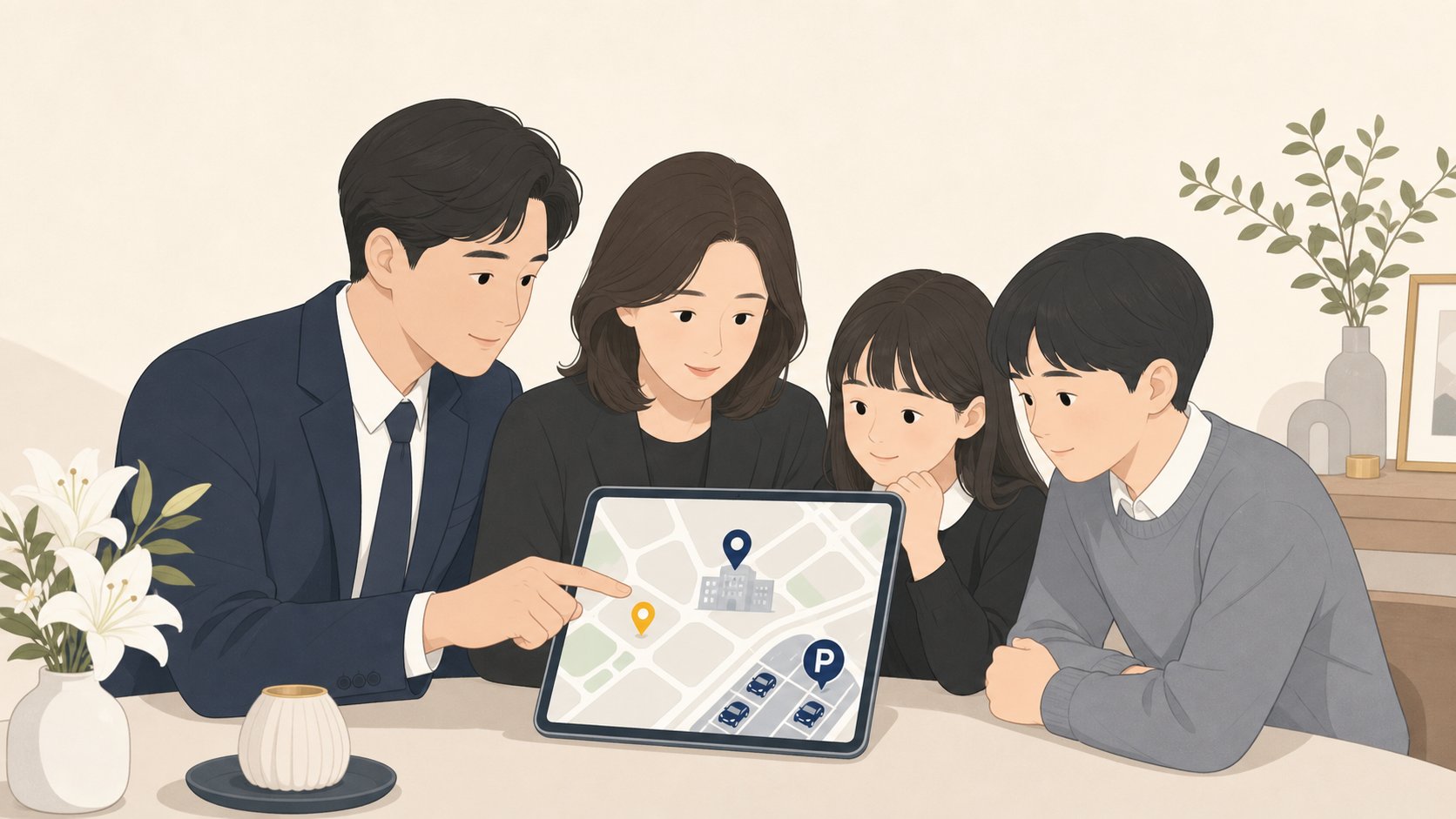태블릿으로 충청도 장례식장 위치와 주차 정보를 확인하는 가족