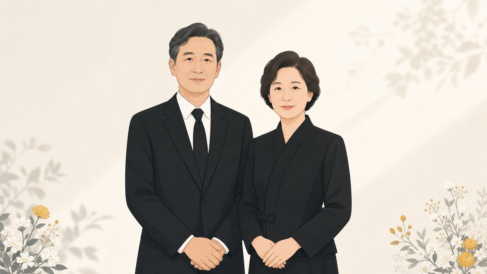 검은 상복을 갖춘 한국인 중년 부부가 단정히 서 있는 모습