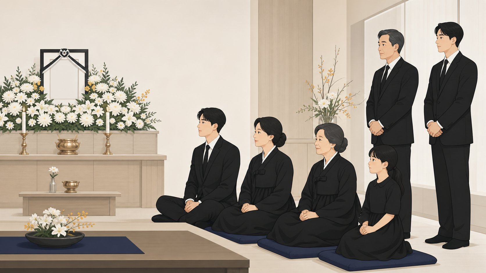 빈소에서 상복을 갖춘 가족 여러 명이 차분히 자리를 지키는 모습