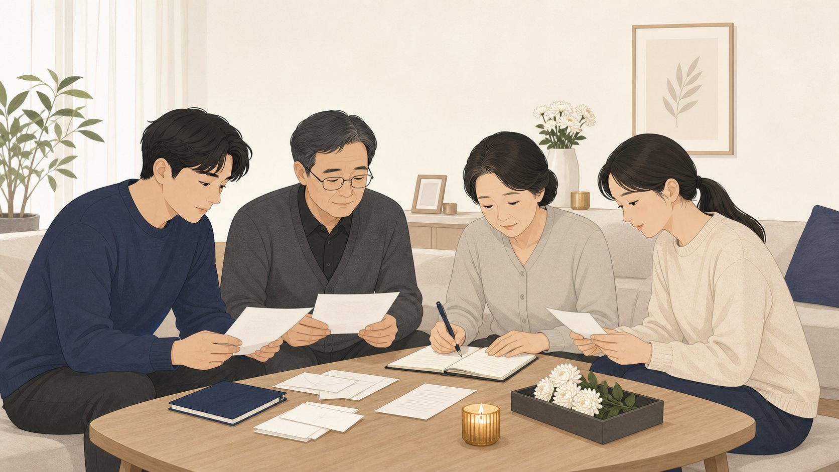 장례를 마친 가족이 거실에서 부의금 내역을 함께 정리하는 모습