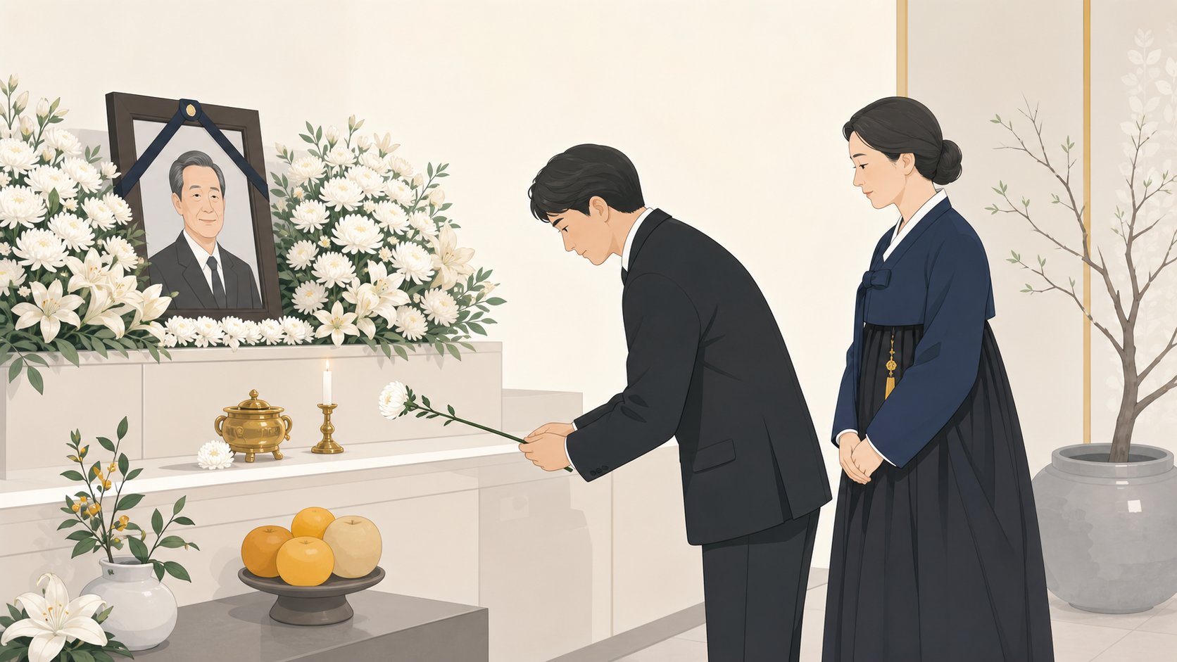 조문객이 헌화하는 동안 옆에서 차분히 기다리는 상주