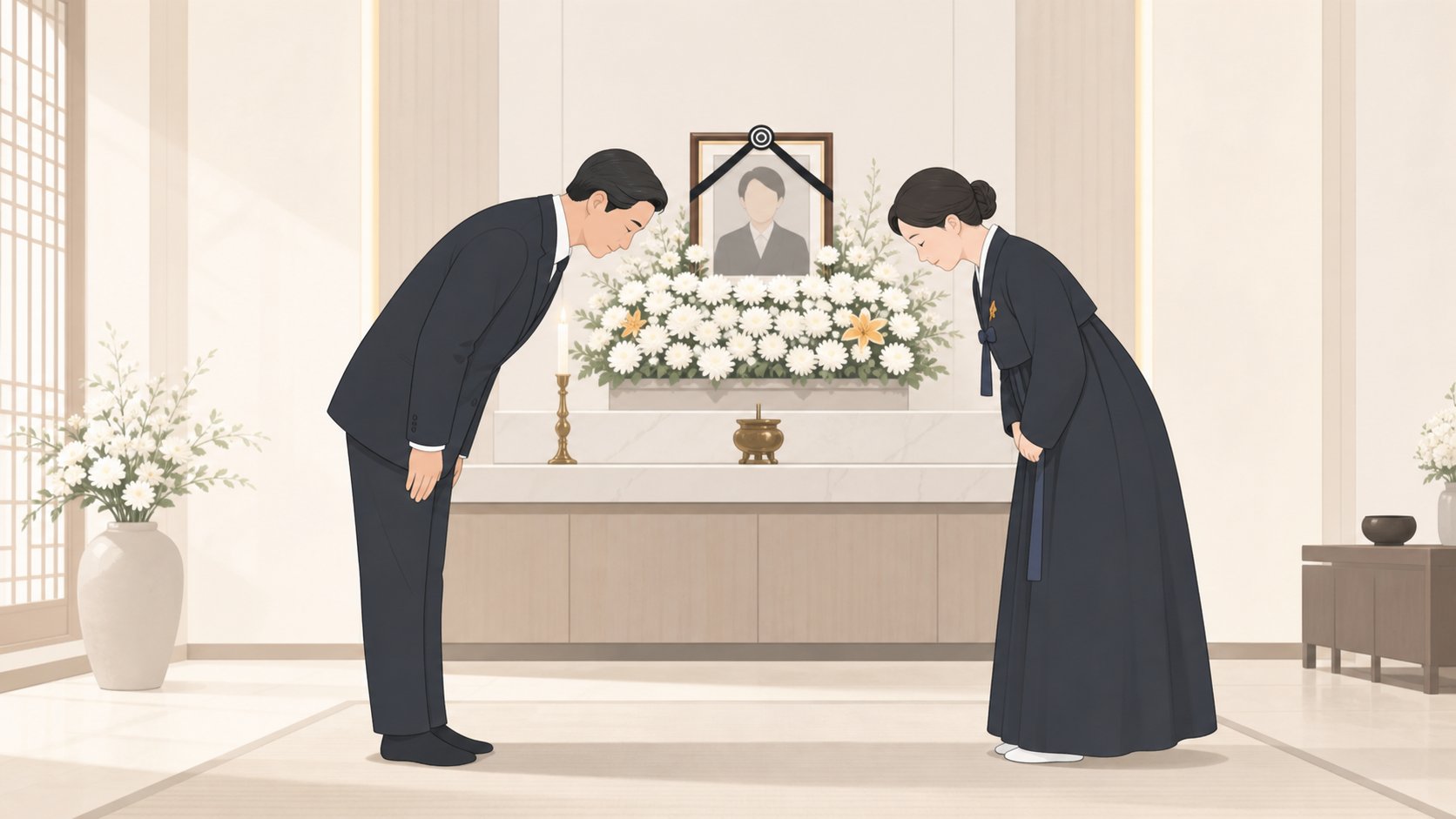 상주와 조문객이 마주 보고 맞절하는 단정한 모습