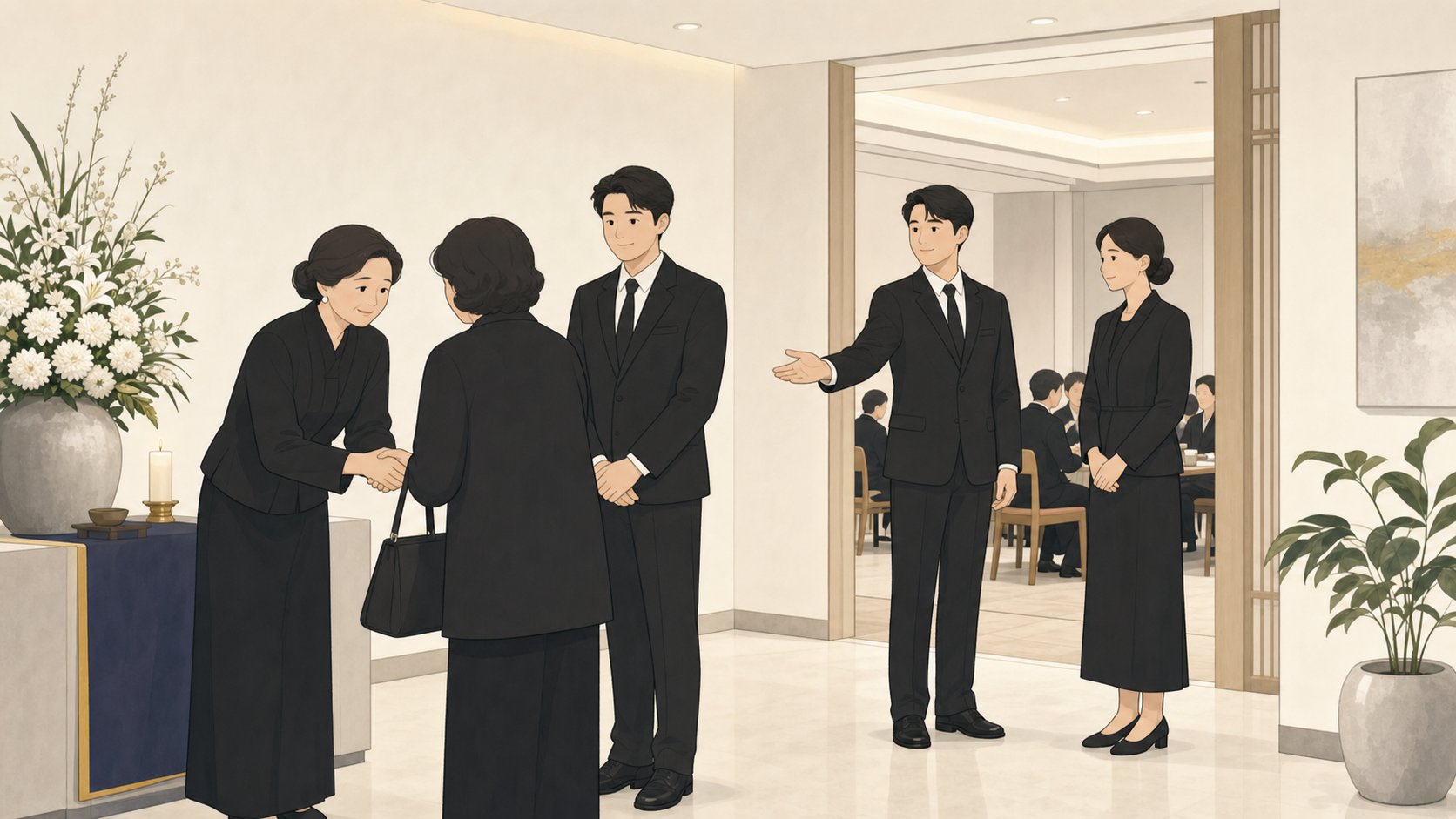 빈소 접객실에서 가족이 역할을 나누어 조문객을 돕는 모습