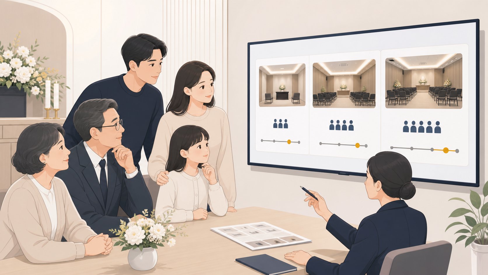 충청도 장례식장 빈소 규모 정보를 화면으로 비교하는 가족
