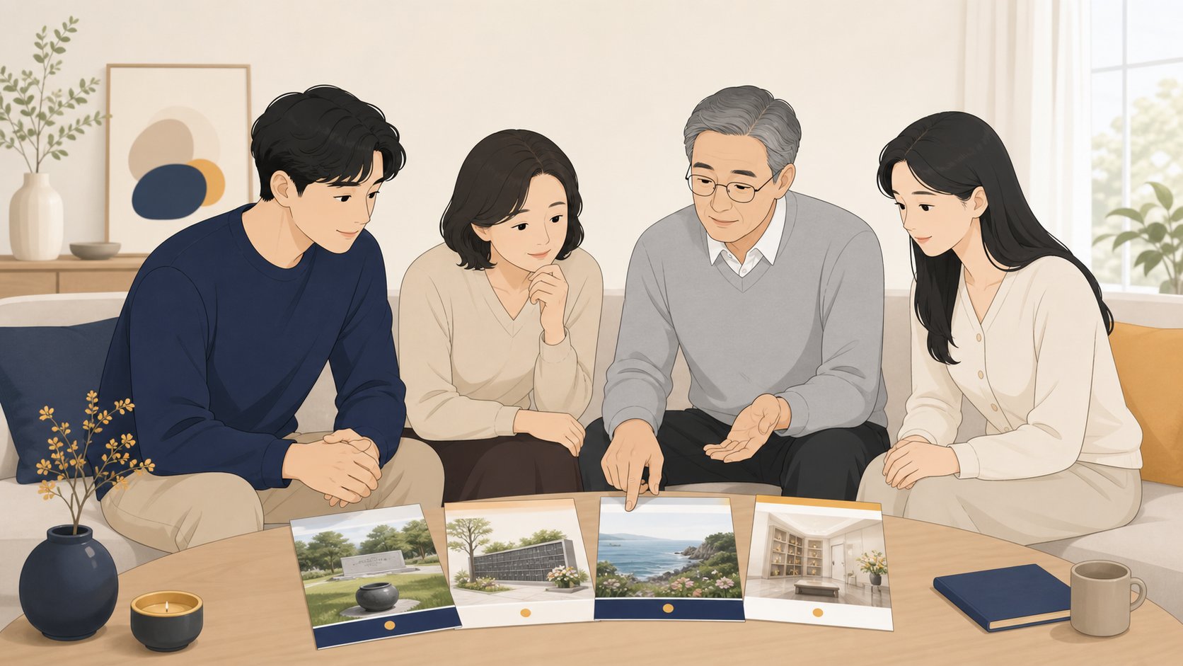 가족이 장지 종류별 자료를 펼쳐놓고 상의하는 거실 장면