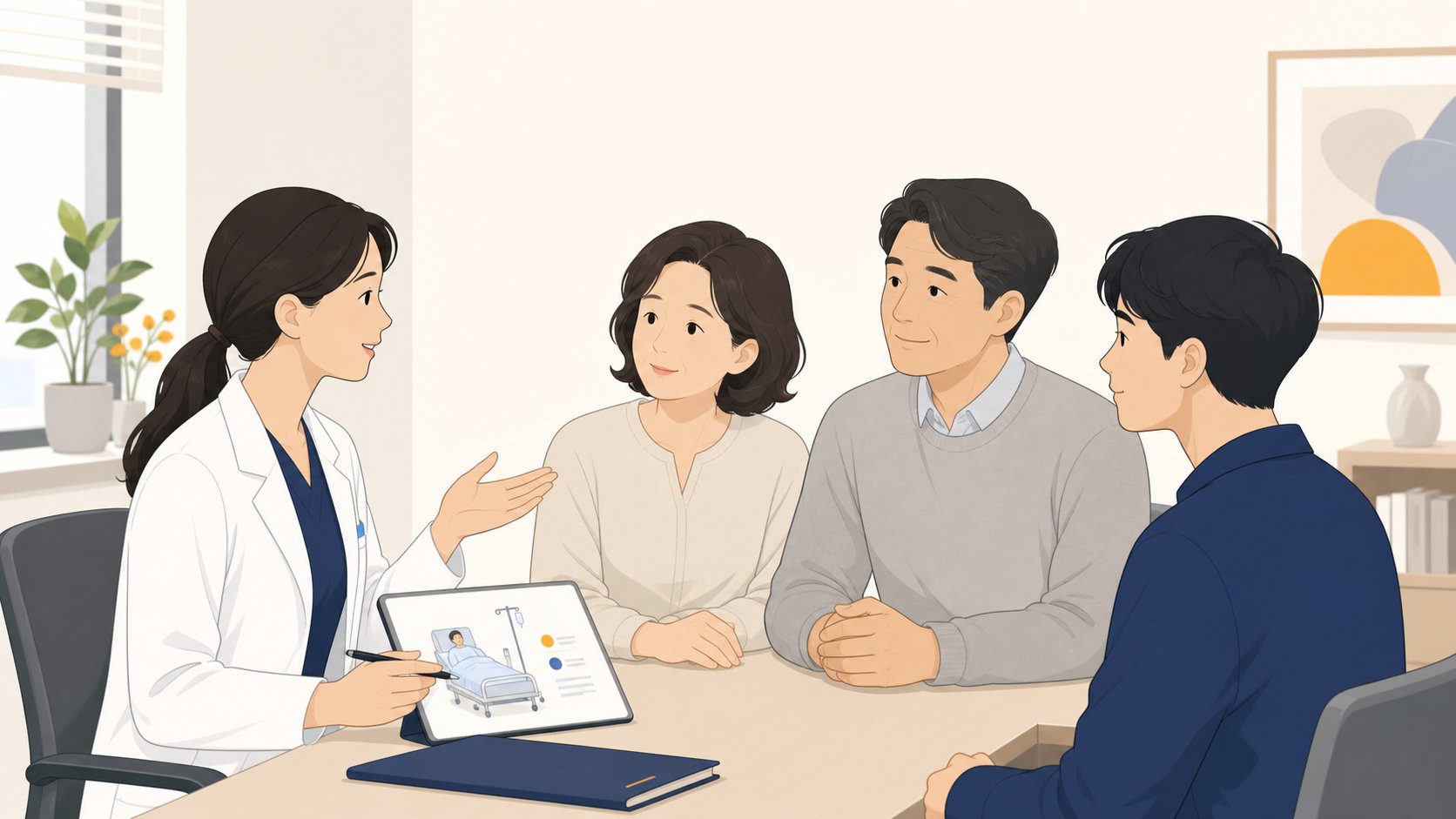 의료진과 유족이 차분히 상담하며 절차를 설명하는 모습
