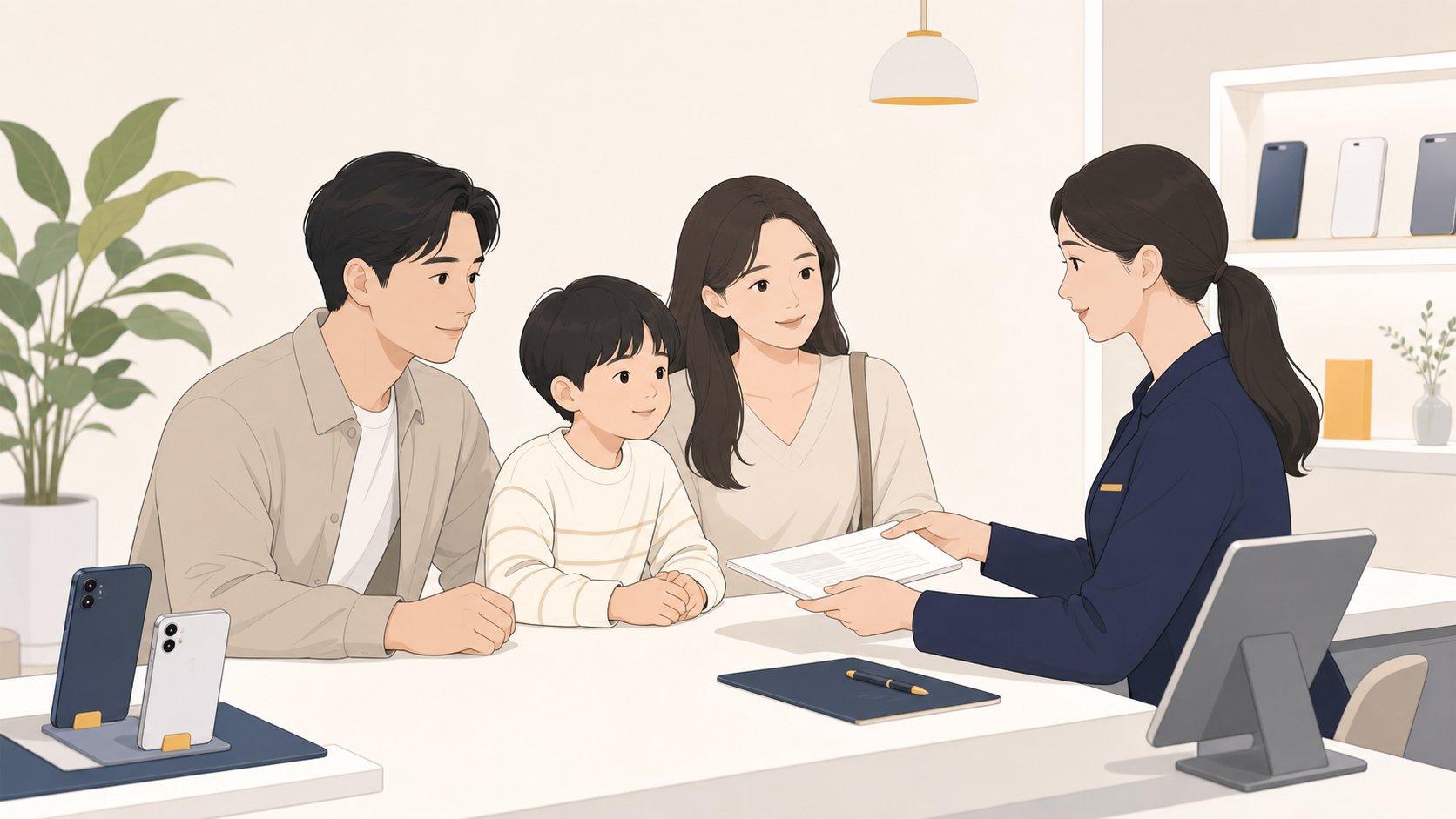 통신사 대리점 창구에서 직원에게 서류를 건네며 상담받는 가족