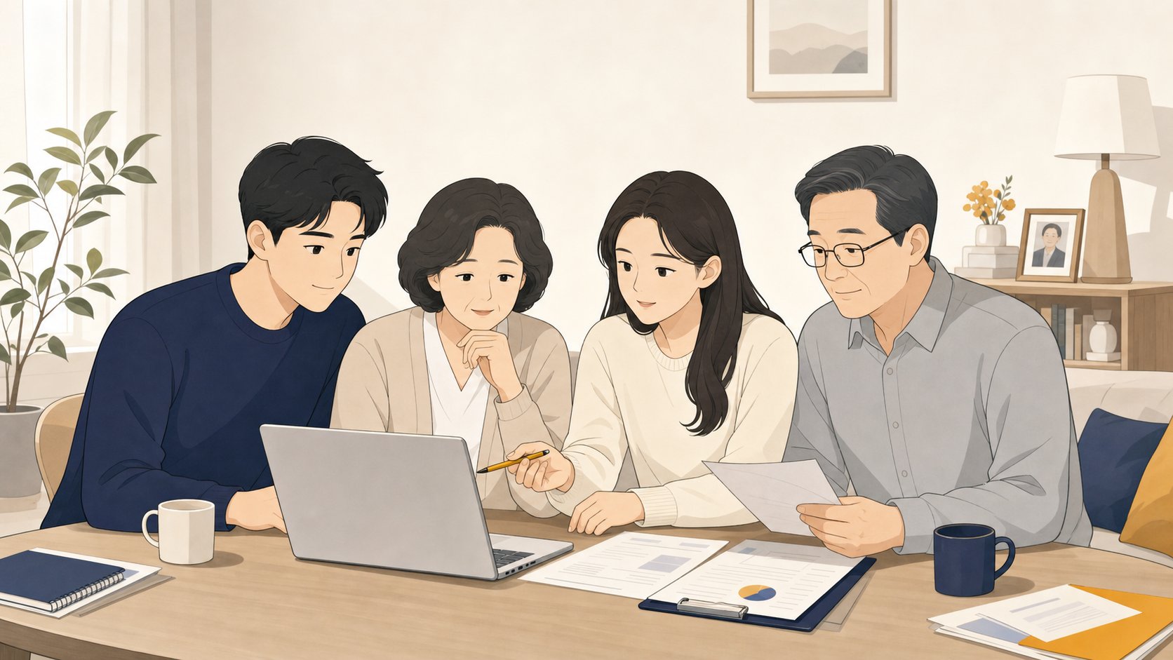 가족이 함께 노트북으로 고인의 계정과 자동이체 내역을 정리하는 모습