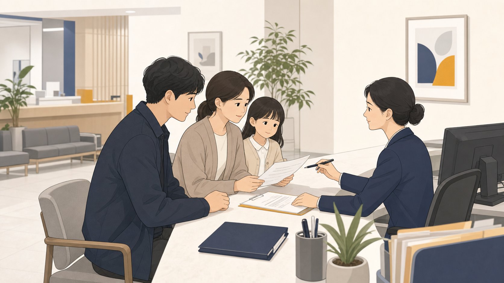 충청도 주민센터에서 사망신고와 관련 행정을 처리하는 가족