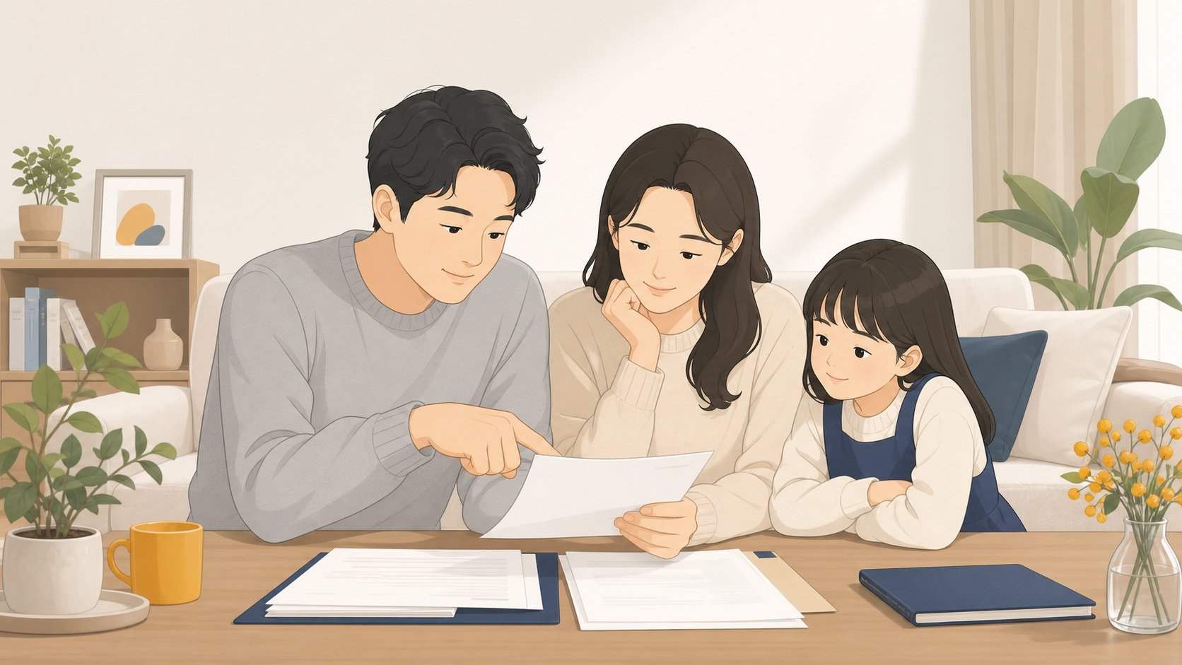 거실 식탁에서 수급 자격과 지원 대상 서류를 함께 확인하는 가족