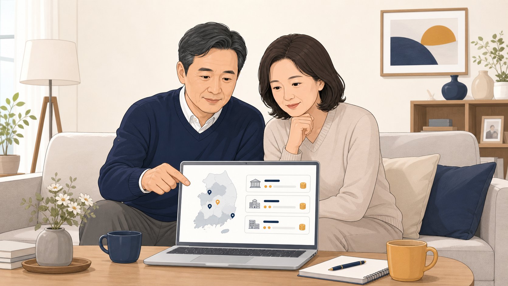 노트북으로 충청도 장례식장과 비용 정보를 함께 살펴보는 부부
