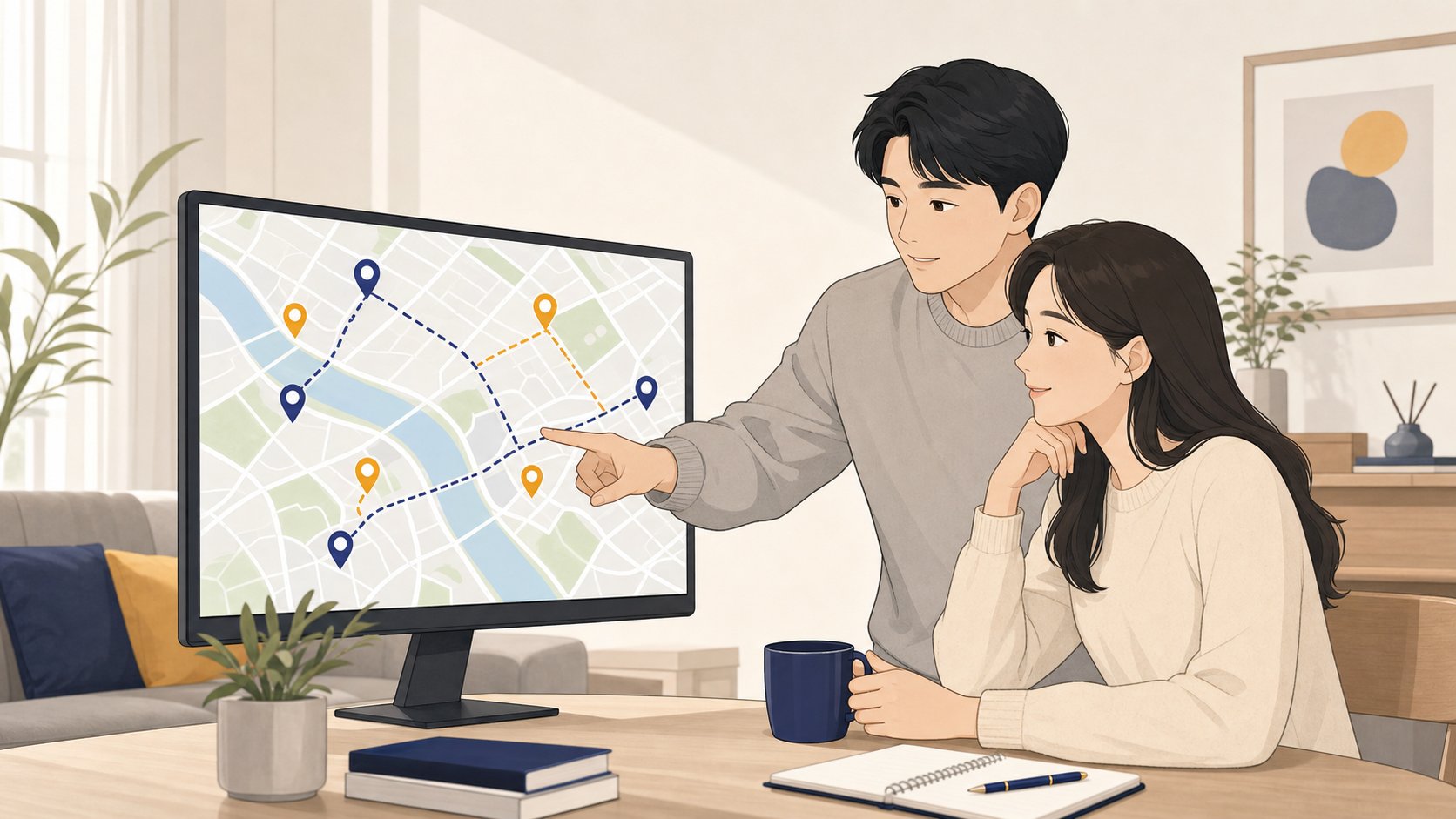 충청도 지역 화장시설 위치를 화면 지도로 살펴보며 동선을 가늠하는 부부