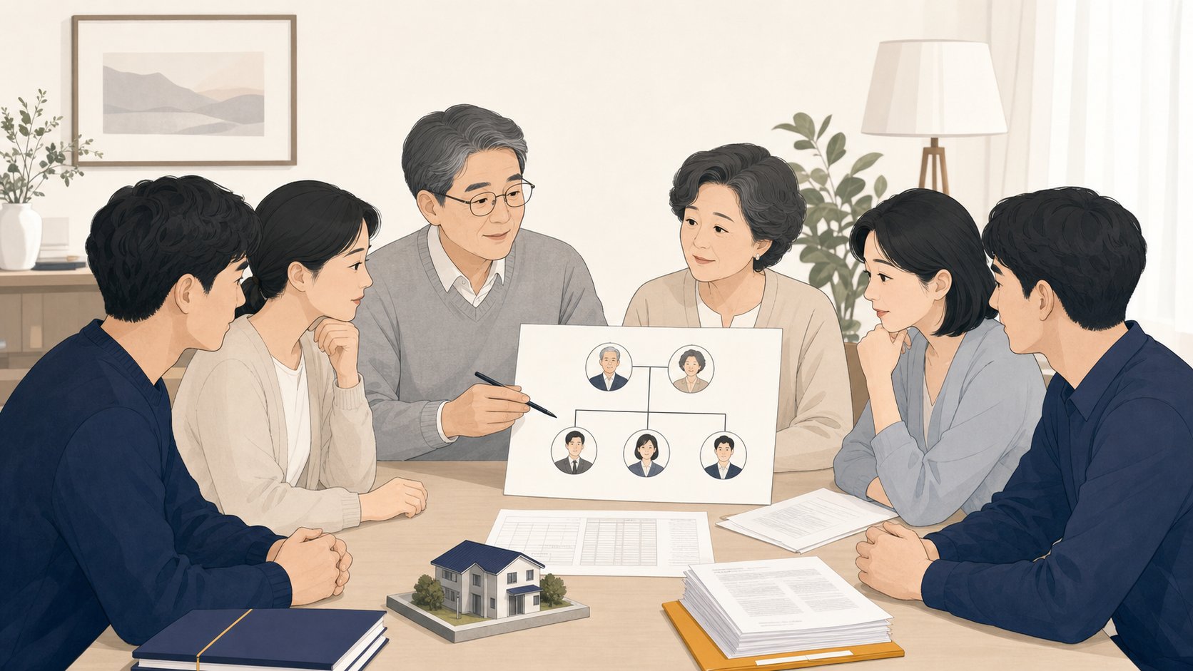 가계도와 부동산 서류를 보며 분할 방법을 의논하는 상속인들