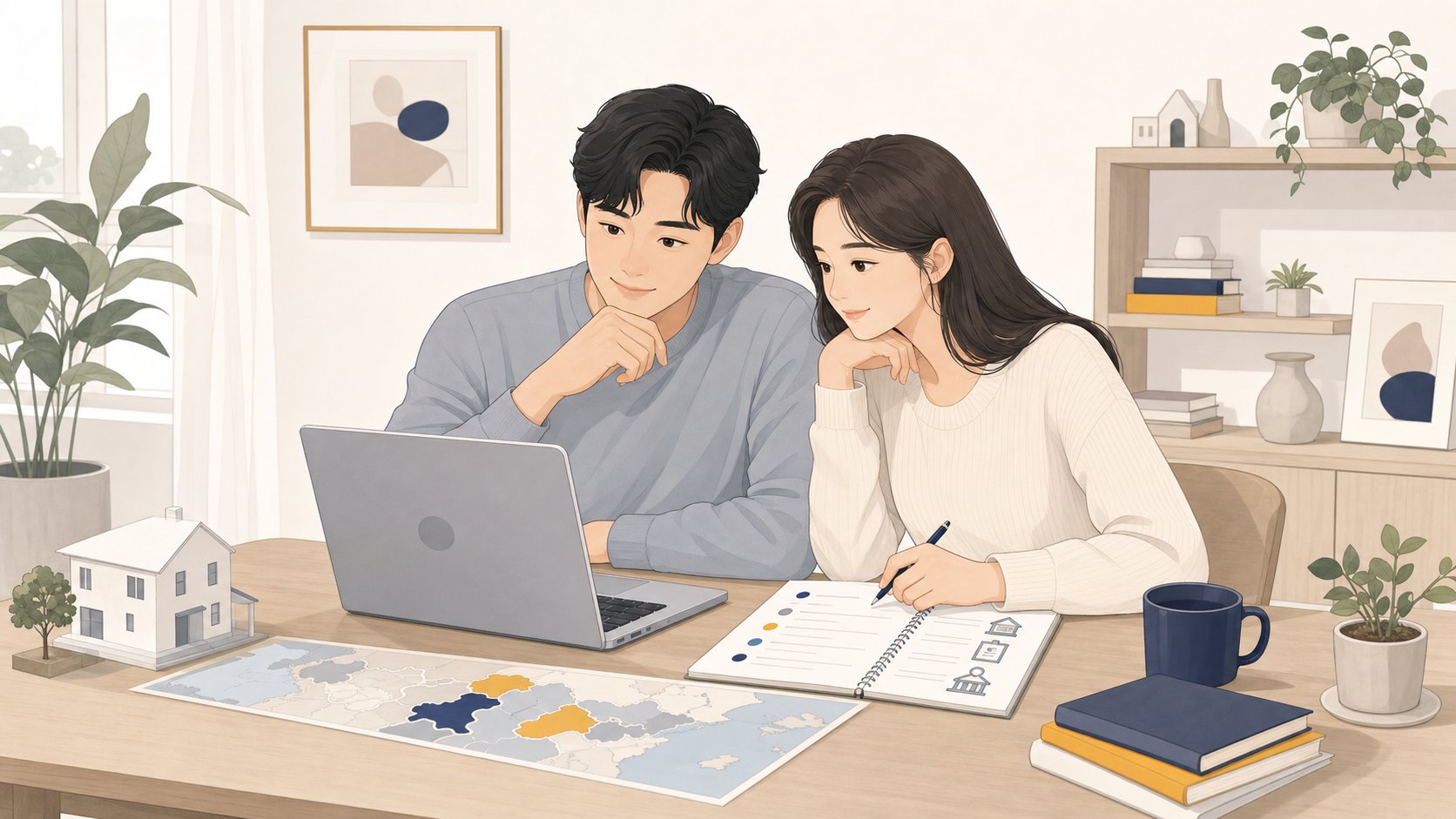 노트북으로 지역별 부동산과 행정 절차를 정리하며 목록을 살펴보는 부부