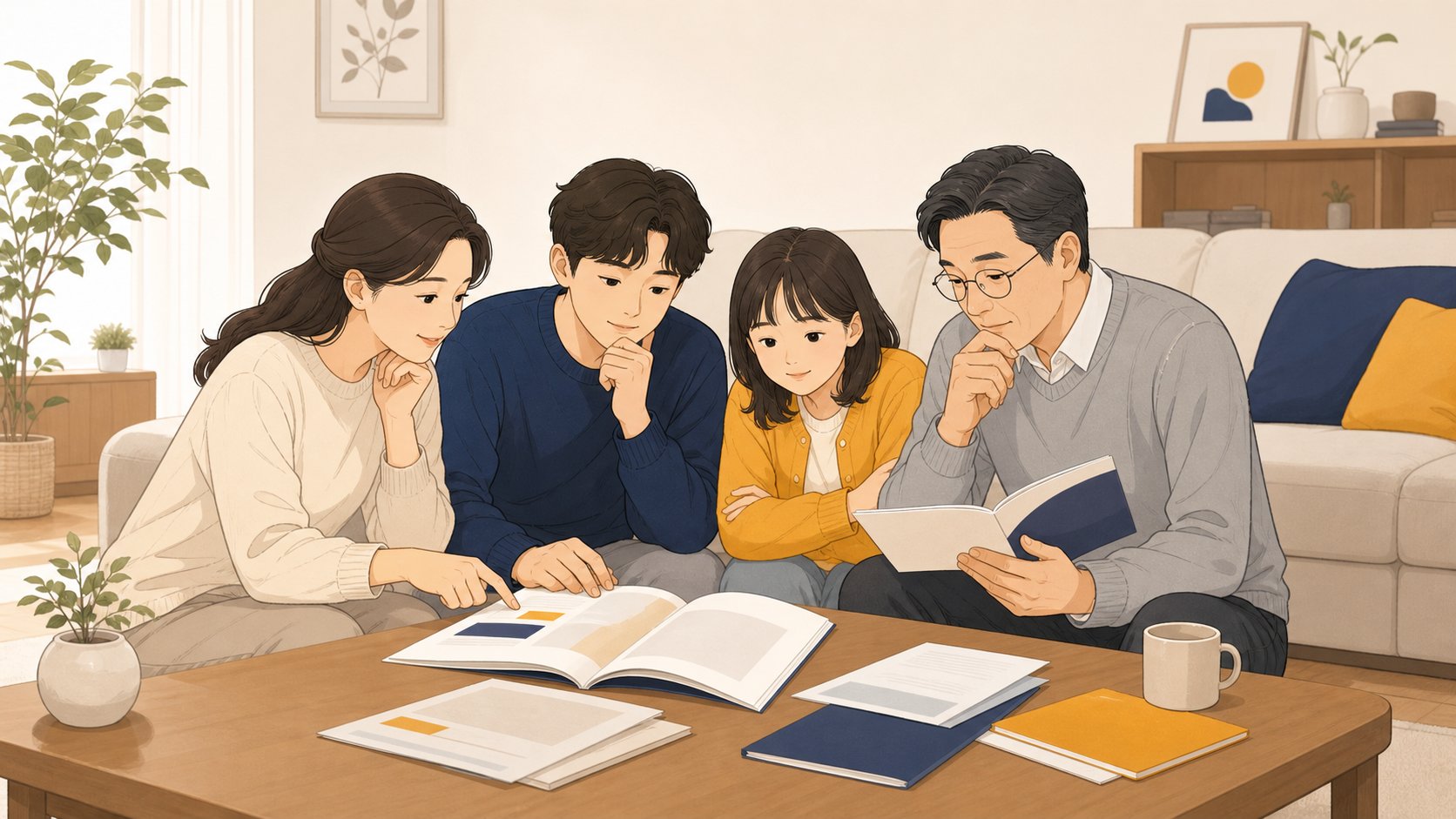 연금 안내 책자와 서류를 보며 어떤 급여에 해당하는지 살펴보는 가족