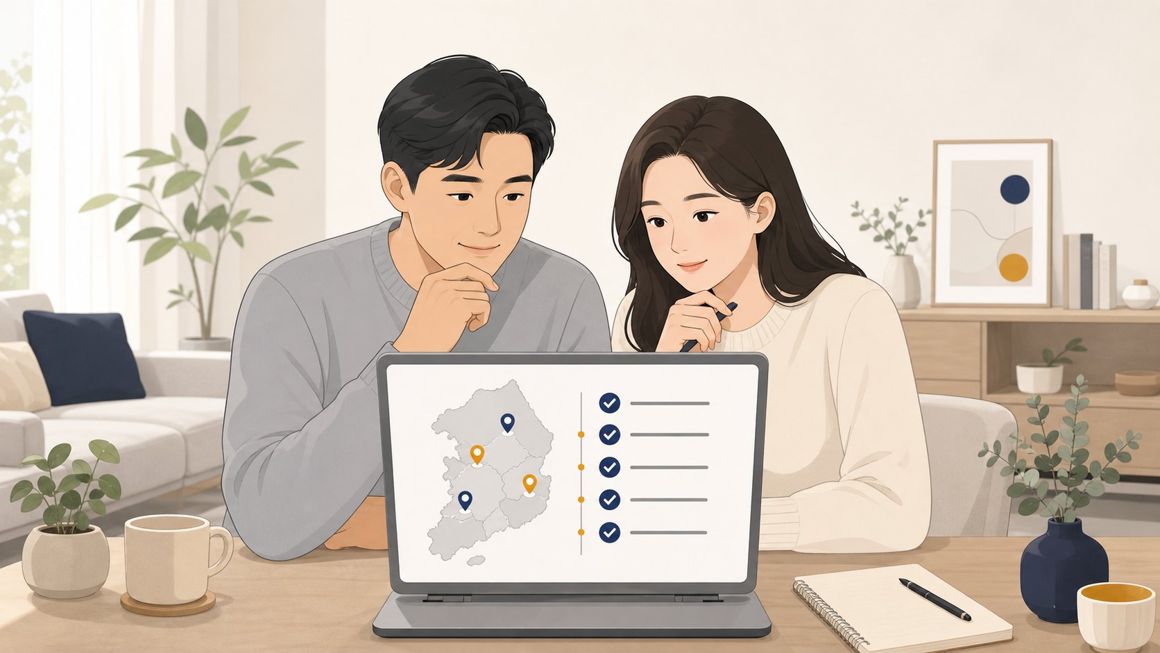 노트북으로 충청도 지역 공단 지사 위치와 장례 후 절차를 살펴보는 부부