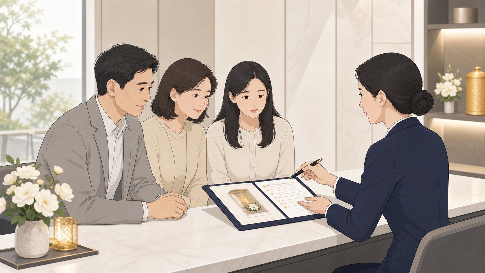 봉안시설 운영처 창구에서 봉안 계약을 안내받는 가족