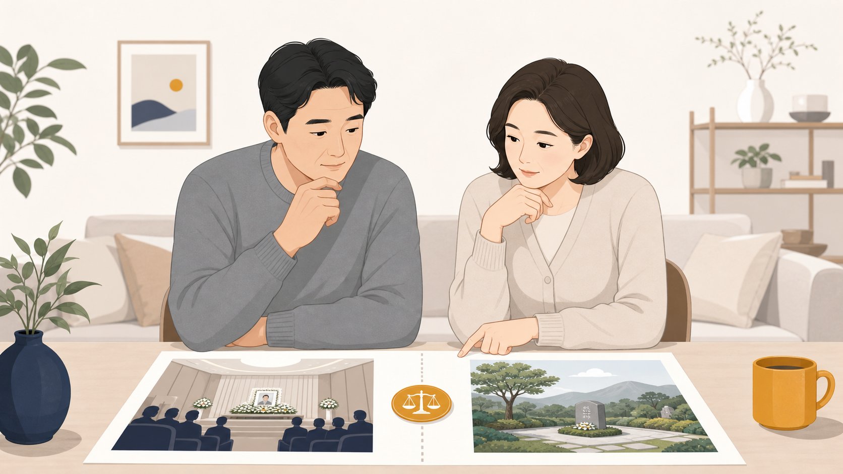 거실에서 공설과 사설 봉안당 정보를 나란히 비교하며 의논하는 부부