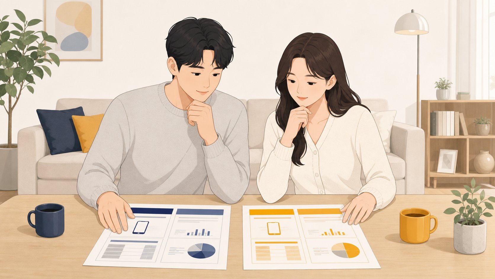 선불과 후불 두 가지 안내 자료를 나란히 비교하는 부부