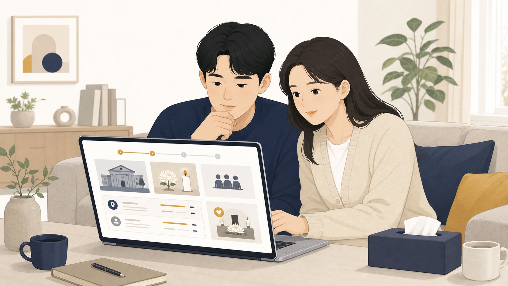 노트북으로 충청도 장례식장과 상조 정보를 함께 살펴보는 부부