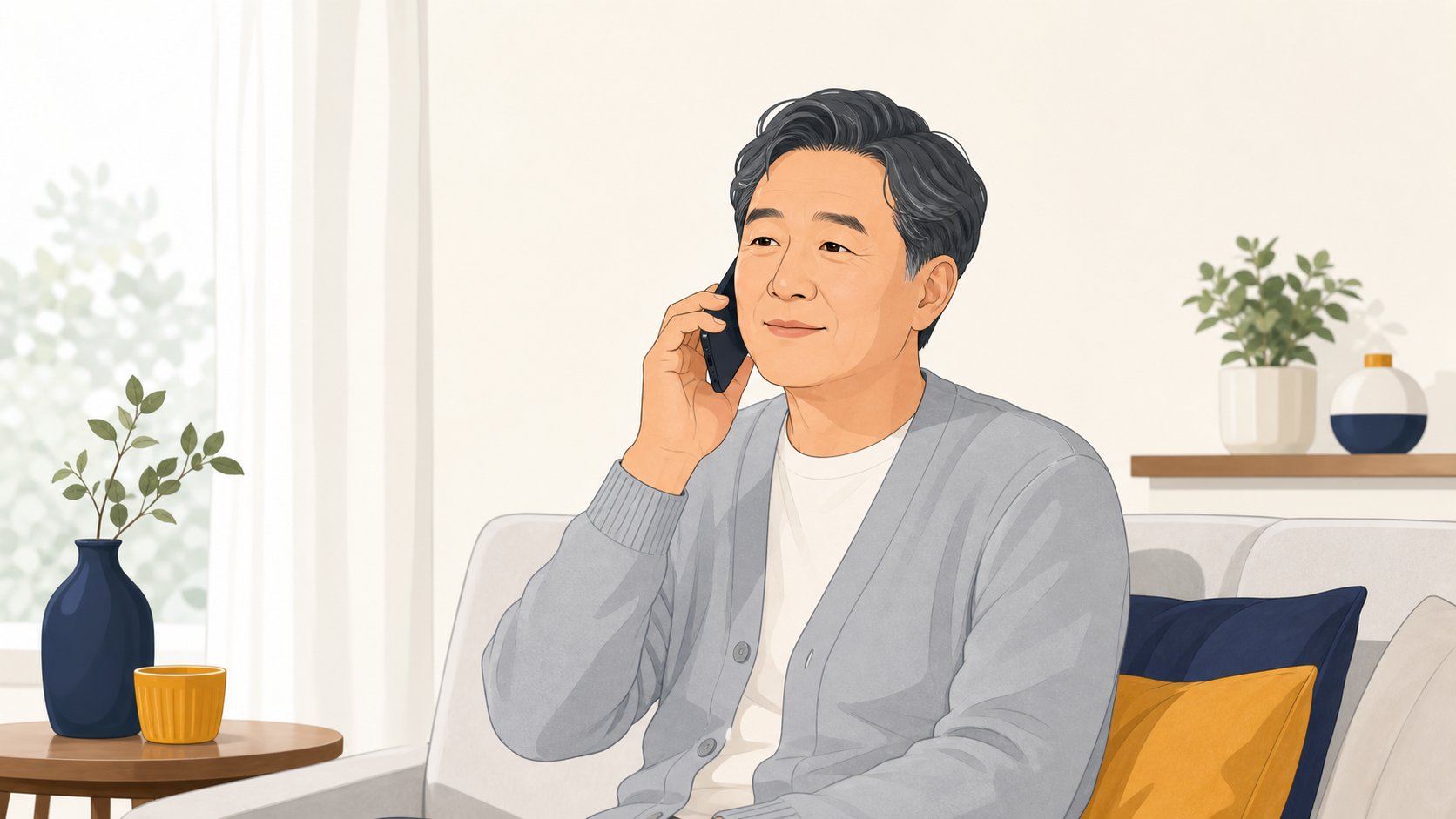 가까운 친족에게 전화로 부고를 알리는 중년 상주