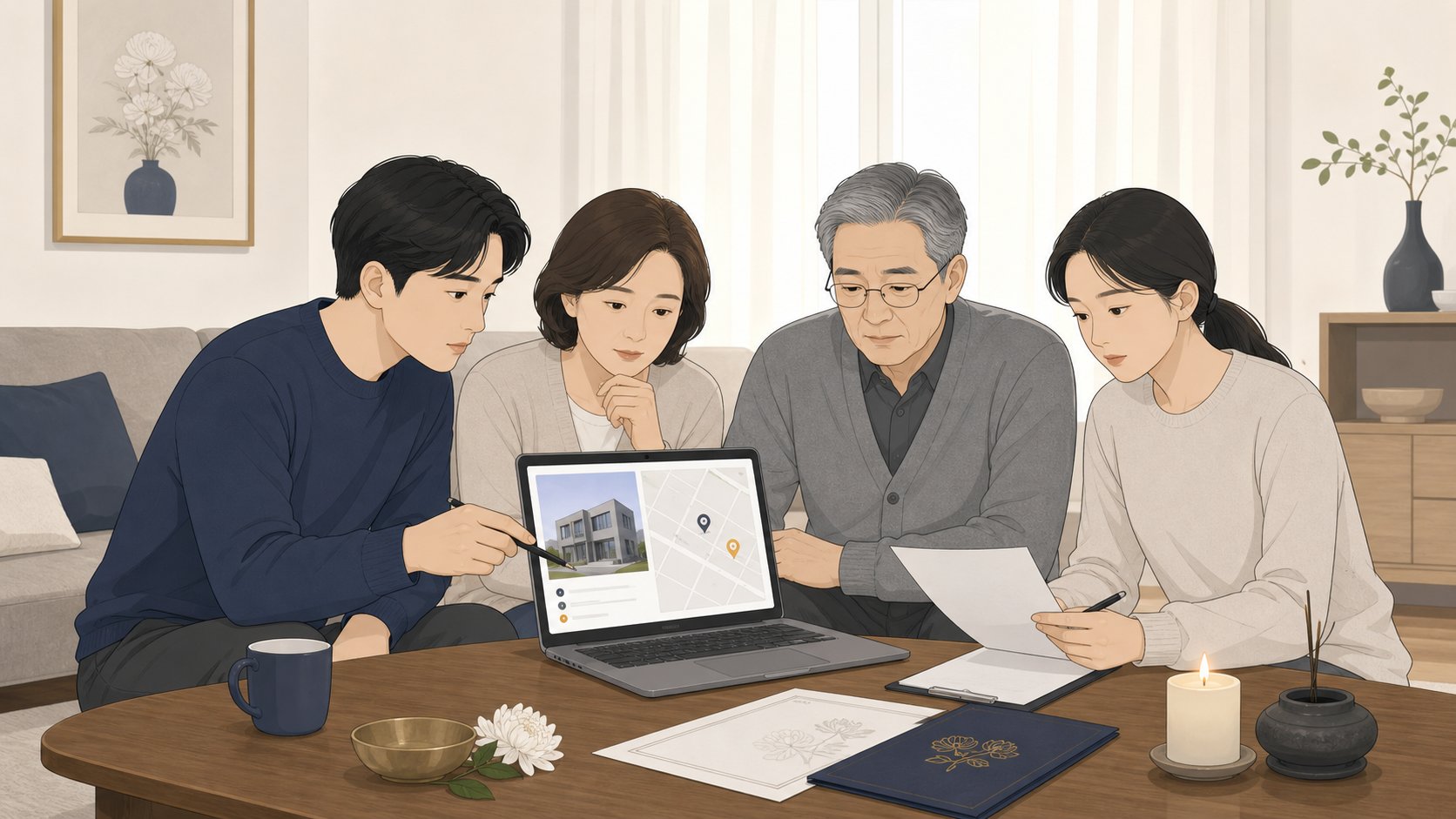노트북으로 장례식장 위치를 확인하며 부고 내용을 정리하는 가족