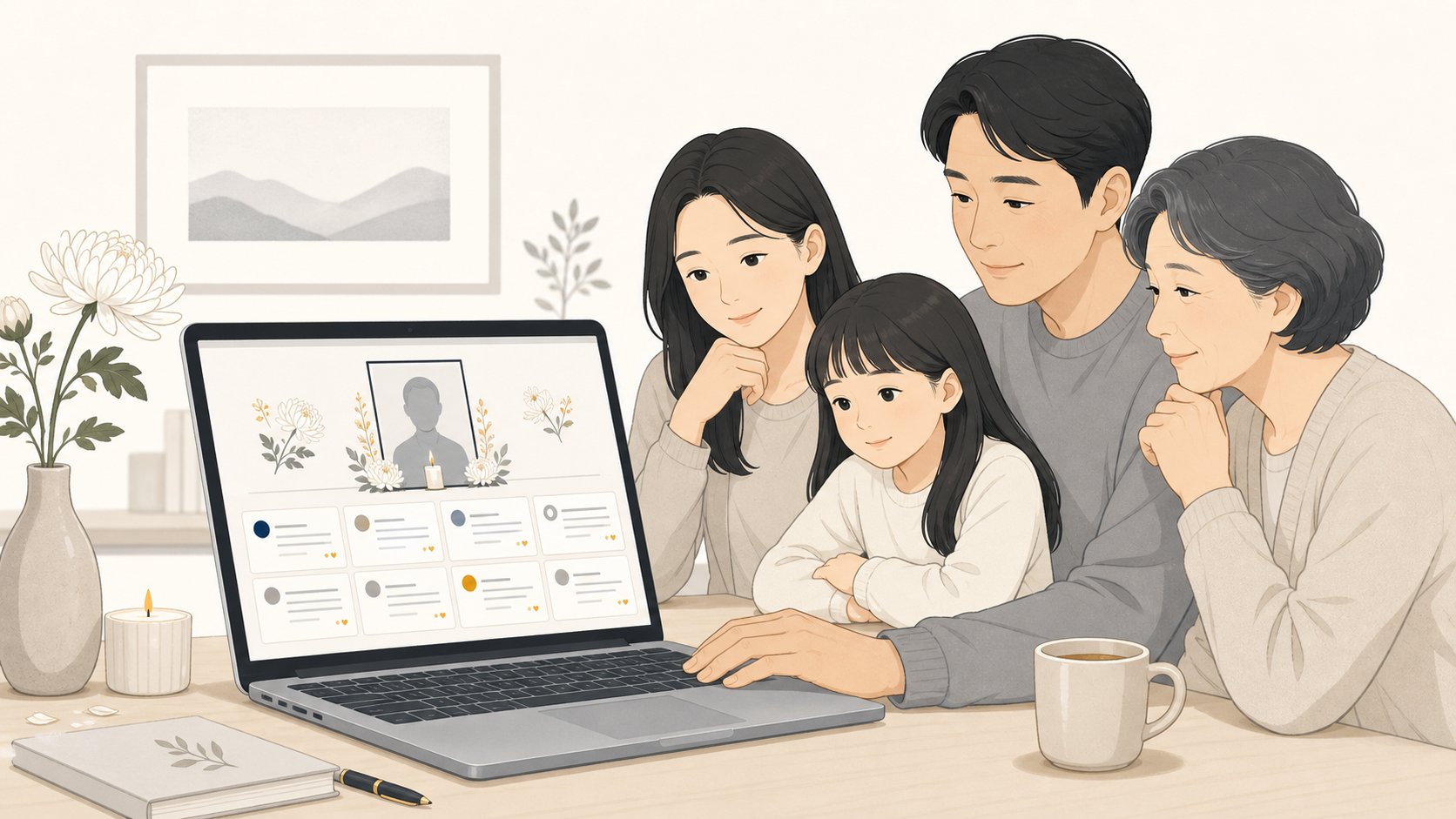 노트북 화면에 고인의 사진과 추모글 카드가 정리된 온라인 추모 페이지