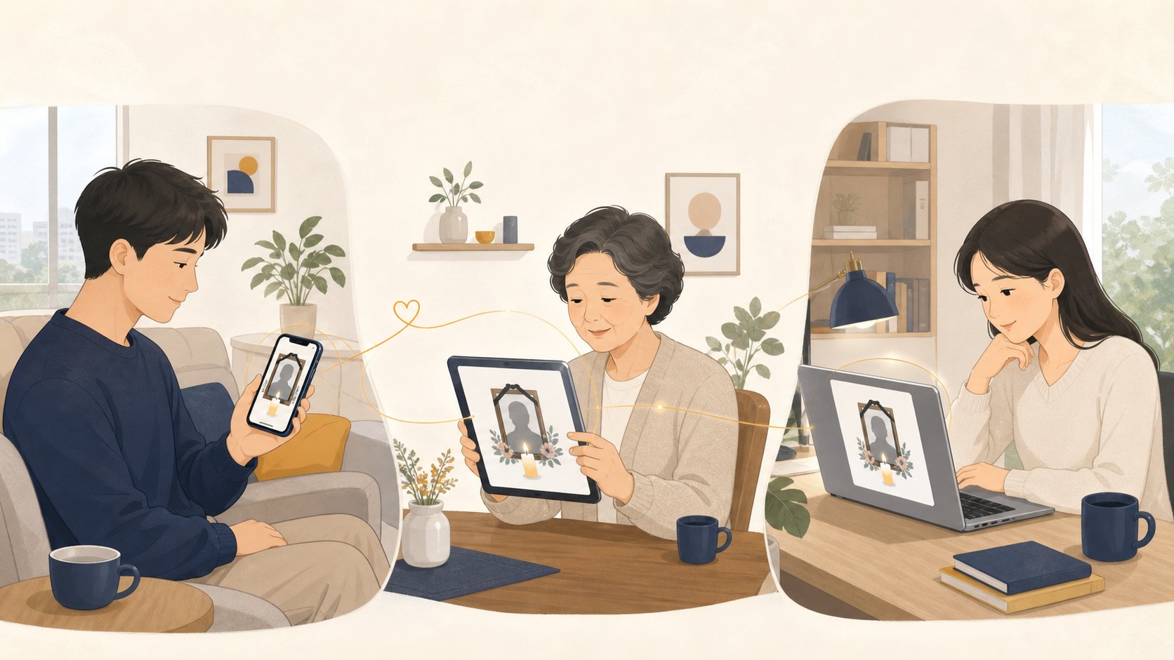 멀리 떨어진 가족이 각자 휴대폰과 노트북으로 같은 추모 페이지를 보며 함께하는 모습