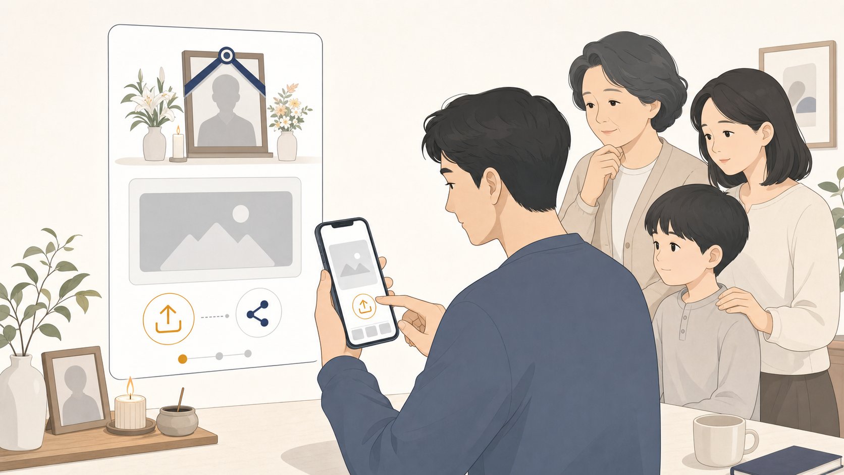 스마트폰으로 고인의 사진을 추모 페이지에 올리고 가족에게 링크를 공유하는 모습
