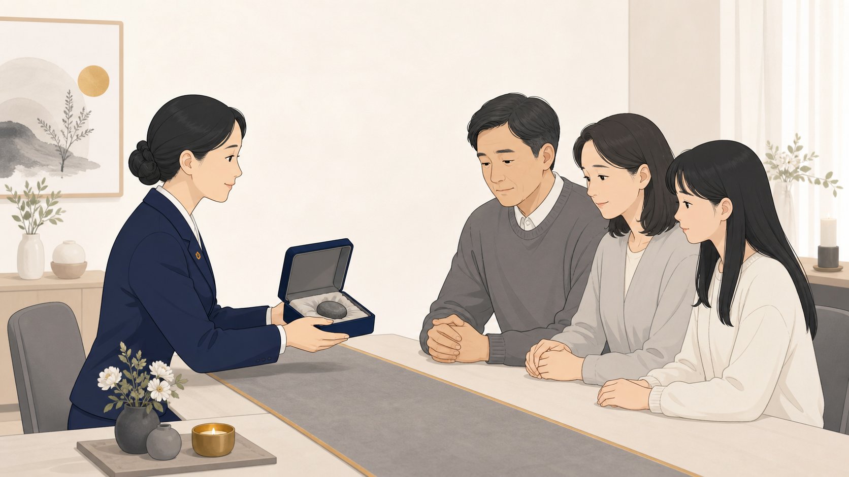 상담실에서 메모리얼 스톤 보관함을 가족에게 건네는 모습