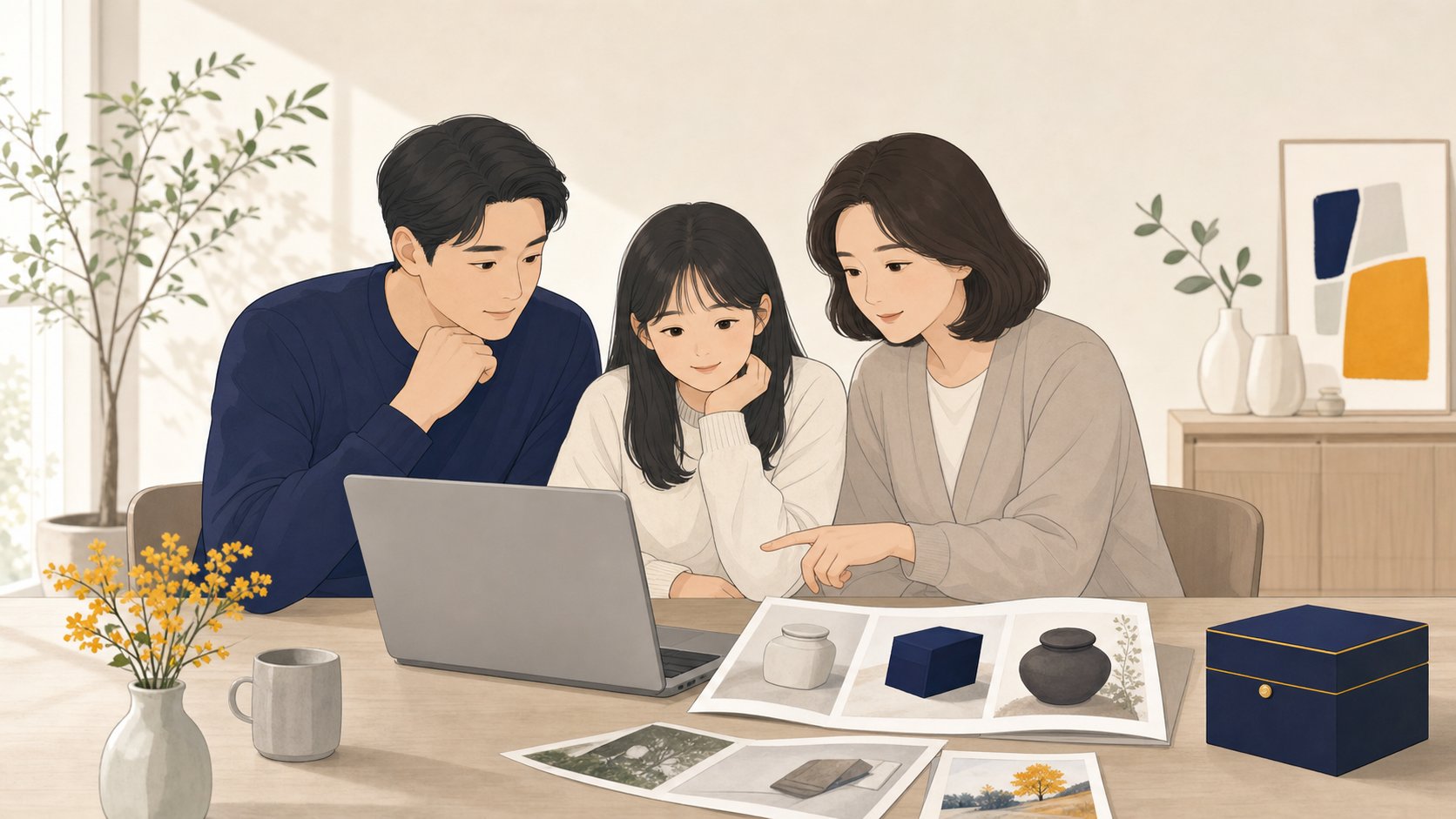 노트북을 보며 안치 방법을 함께 비교하고 상의하는 가족
