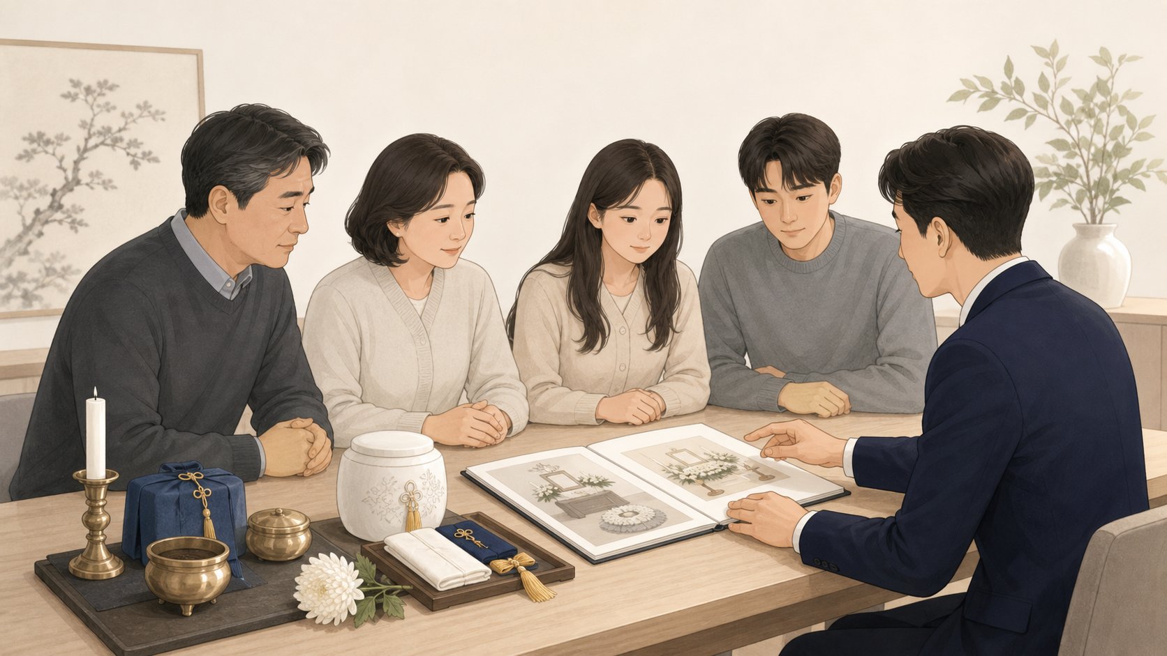 장례지도사와 가족이 전통 절차와 용품 범위를 상의하는 모습