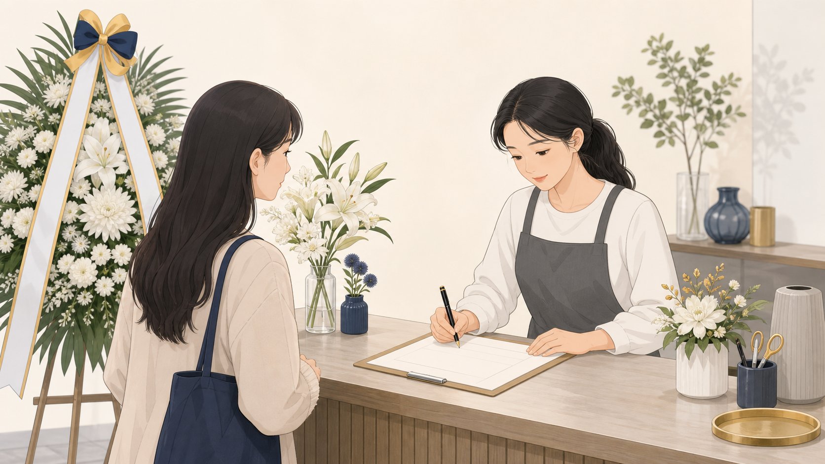 화원에서 보내는 곳과 받는 분을 알려 근조기를 주문하는 모습