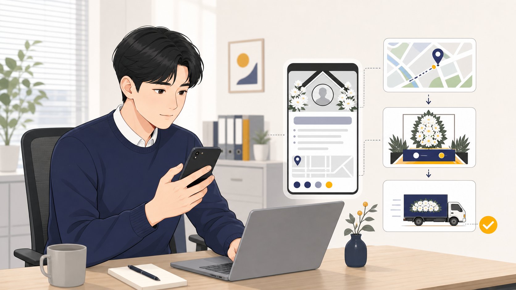 사무실에서 부고를 보며 회사 이름으로 근조기를 주문하려 빈소 정보를 확인하는 직장인