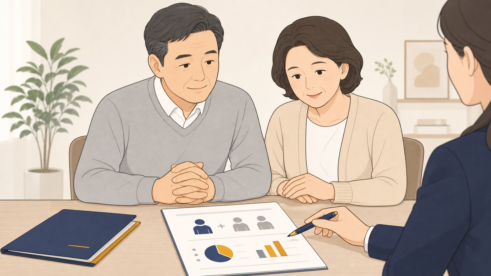 상담 테이블에서 도우미 인원과 비용이 적힌 안내 자료를 짚으며 설명을 듣는 중년 부부, 차분한 분위기