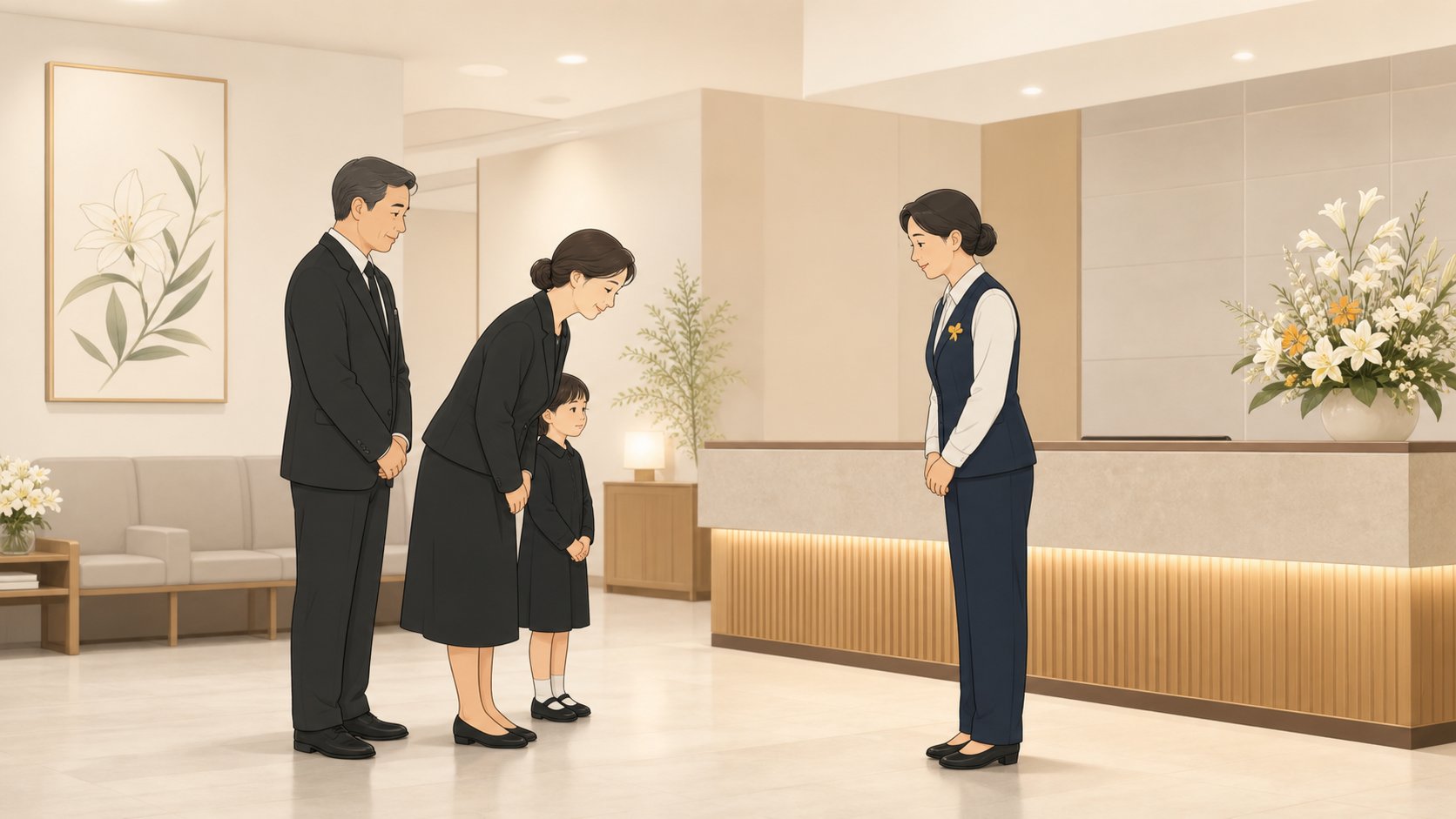 빈소 접객실에서 유족이 도우미에게 가볍게 목례하며 감사를 전하는 따뜻하고 단정한 장면