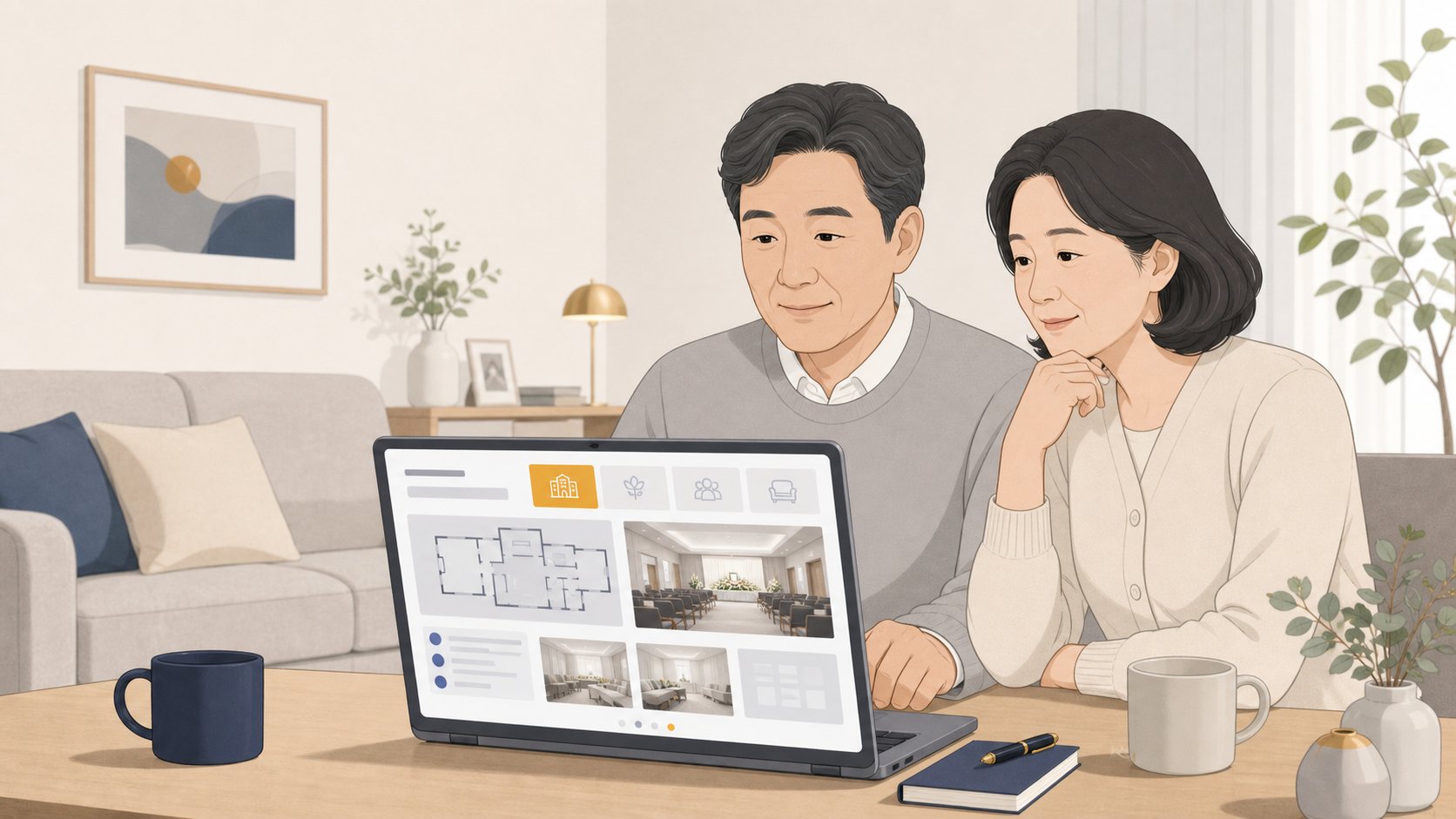 노트북으로 충청도 장례식장 접객 시설 정보를 살펴보는 부부, 차분하고 정보적인 분위기