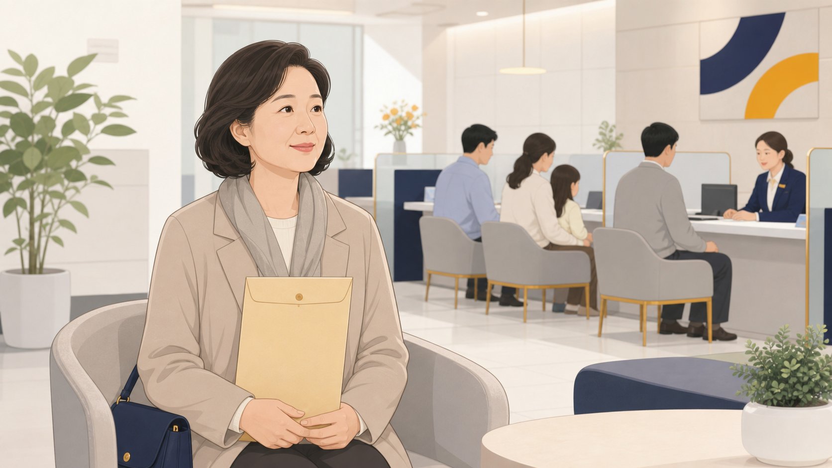 은행 창구 앞에서 서류 봉투를 들고 차분히 상담을 기다리는 중년 여성, 정돈된 분위기
