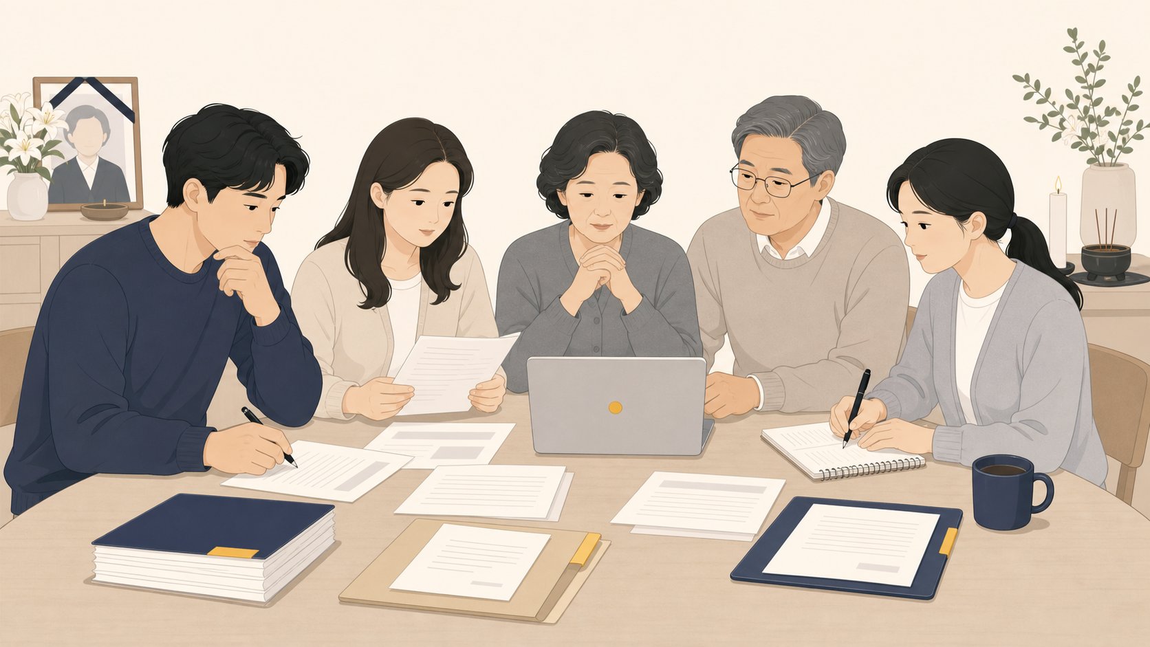 노트북과 서류를 앞에 두고 충청도 행정 절차를 정리하는 가족, 정돈되고 차분한 분위기