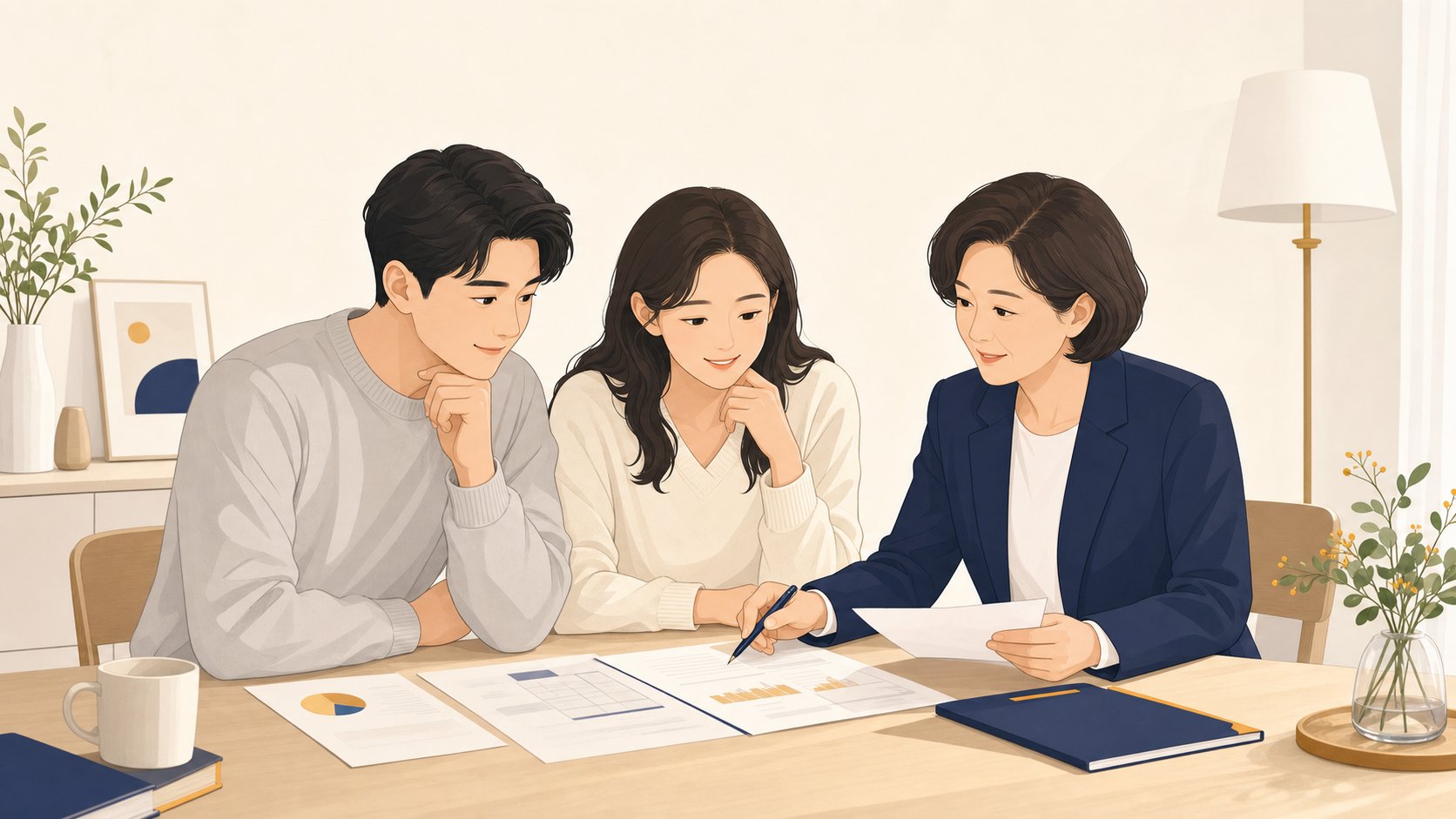가족 두세 명이 탁자에 둘러앉아 서류를 함께 보며 차분히 상의하는 장면, 신뢰감 있는 분위기