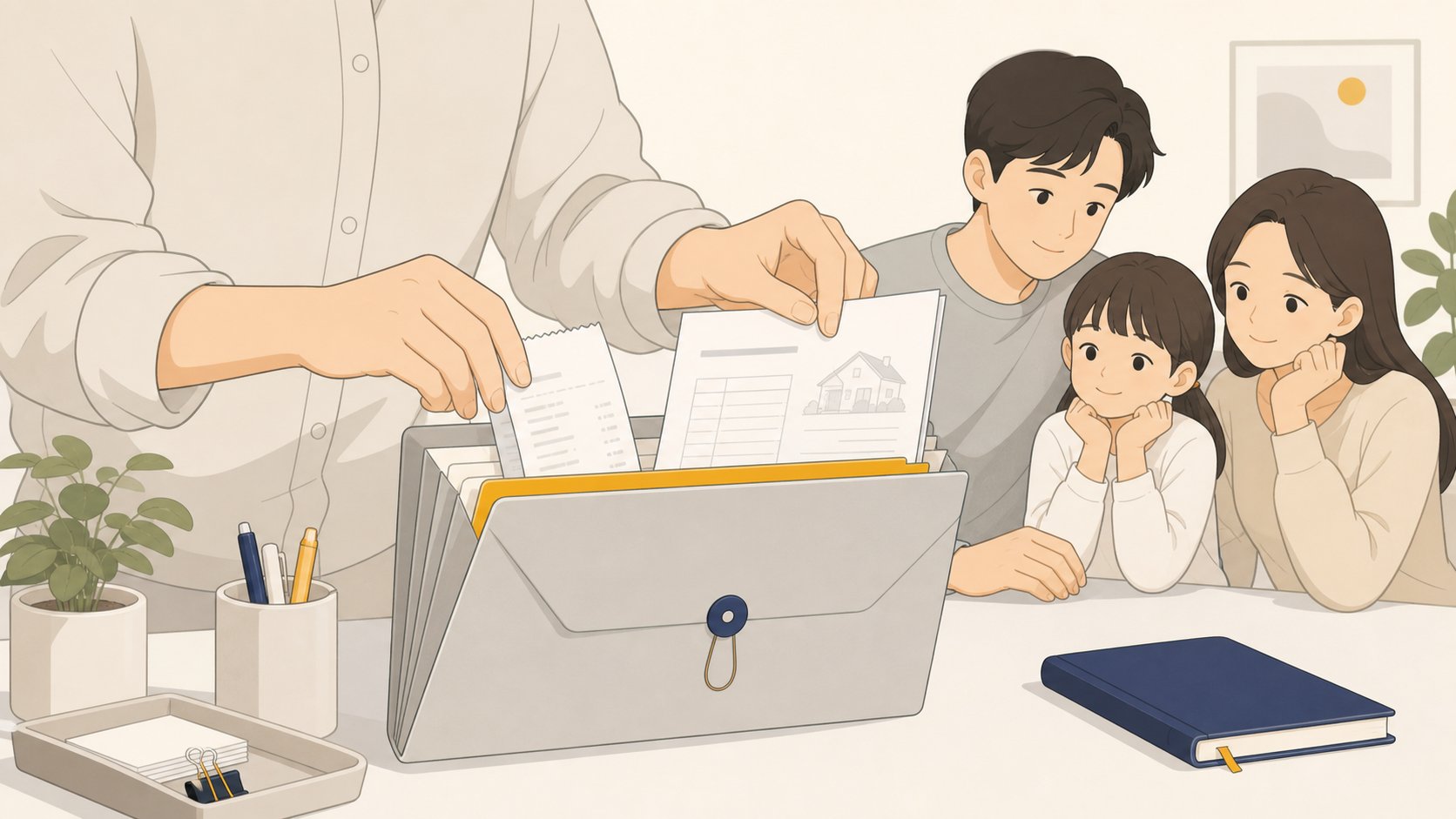 영수증과 견적서를 파일에 정리해 보관하는 손, 차분하고 꼼꼼한 분위기