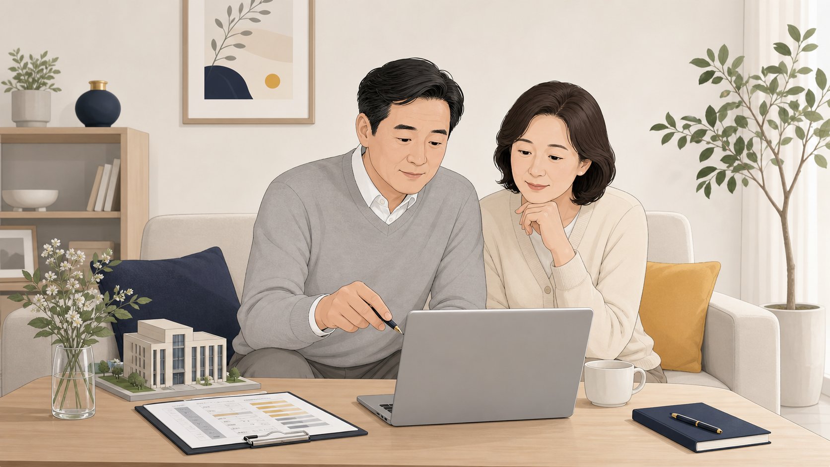 노트북으로 충청도 장례식장 비용 정보를 살펴보는 부부, 정보적이고 차분한 분위기