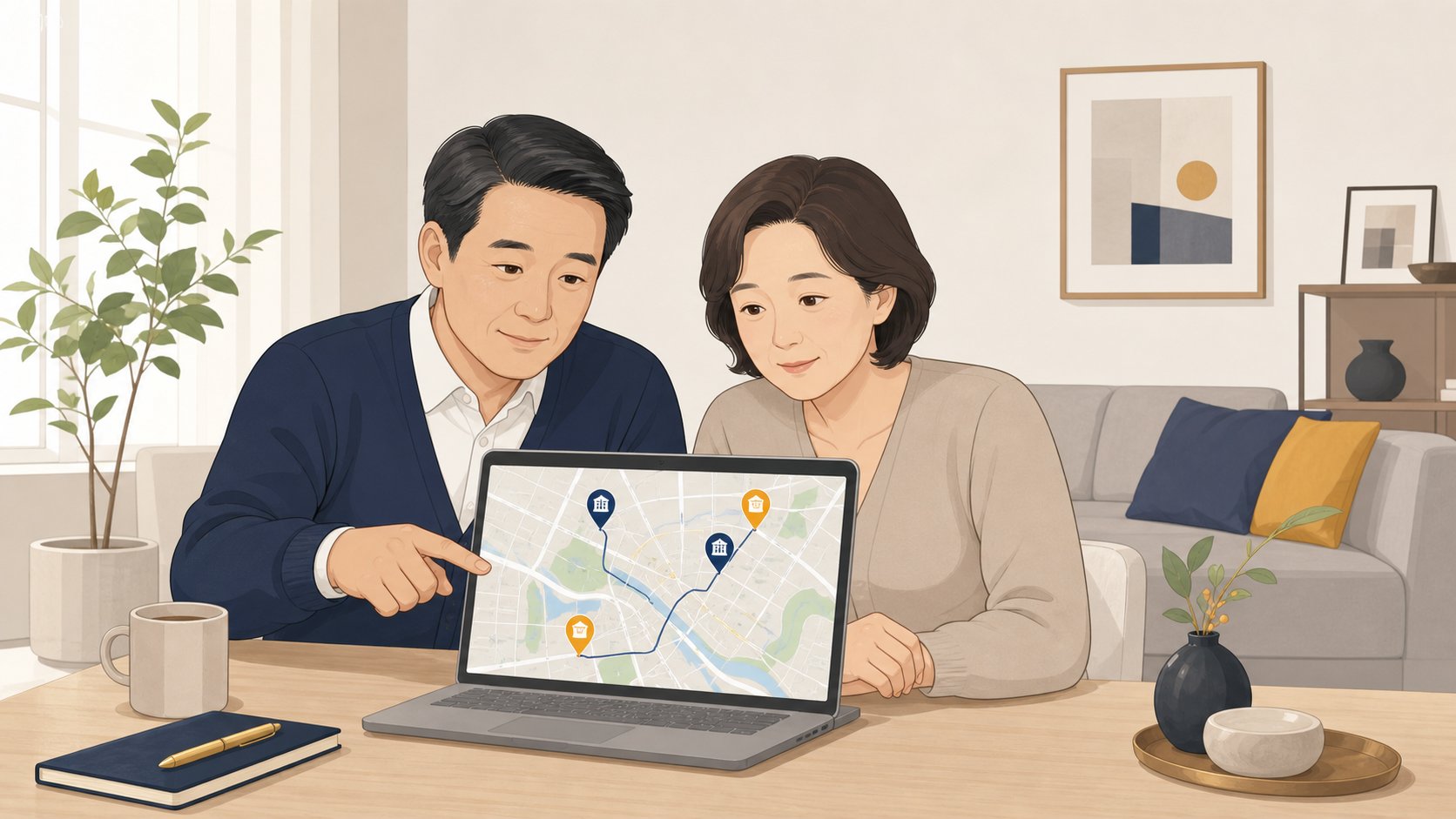 노트북으로 충청도 장례식장과 화장장 위치를 함께 살펴보는 부부, 차분한 분위기