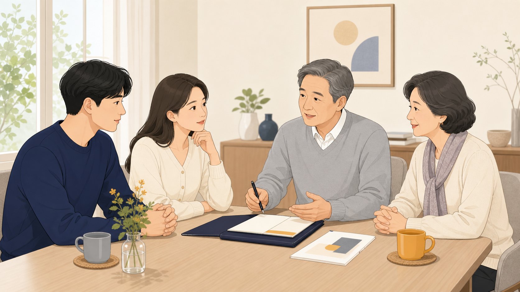 가족이 탁자에 둘러앉아 1일장 진행을 차분히 상의하는 따뜻한 장면