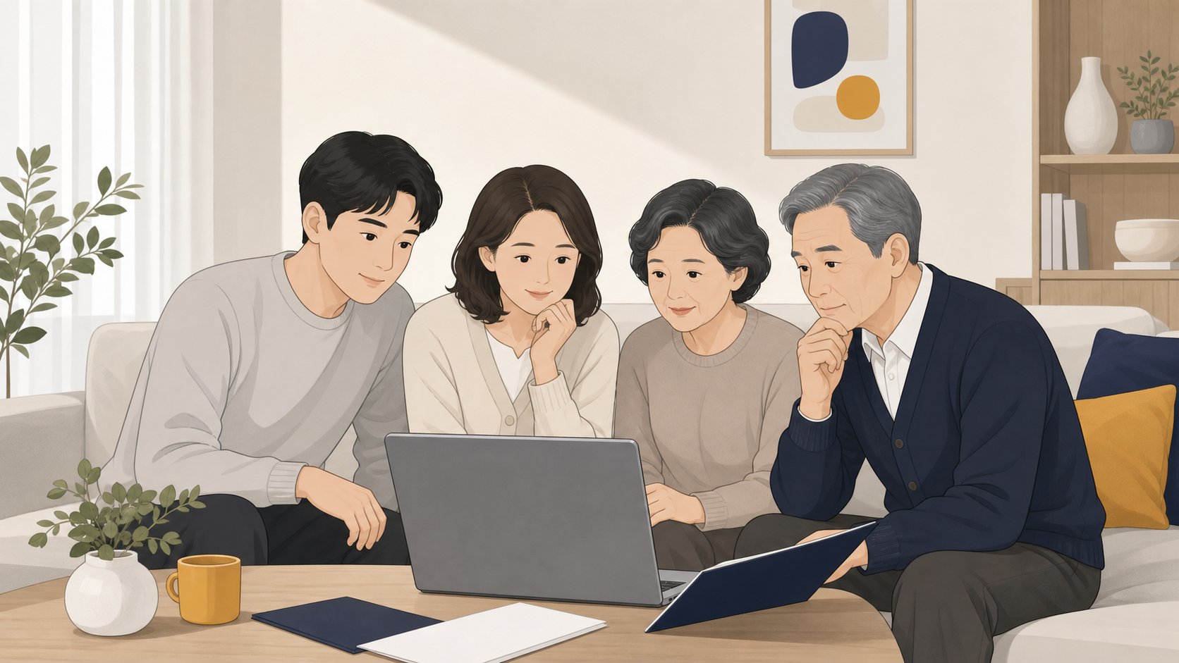노트북으로 충청도 장례 지원 정보를 살펴보는 가족, 차분하고 정보적인 분위기