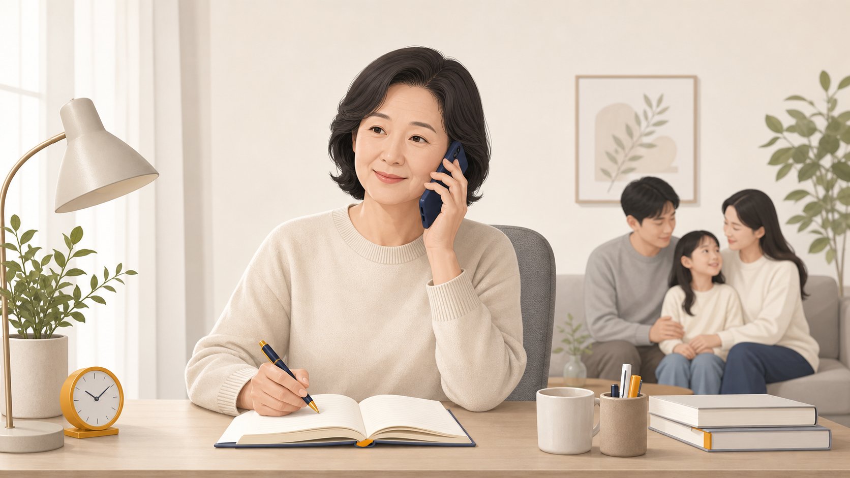 전화기를 들고 상담센터에 문의하며 메모하는 중년 여성, 차분하고 도움받는 분위기
