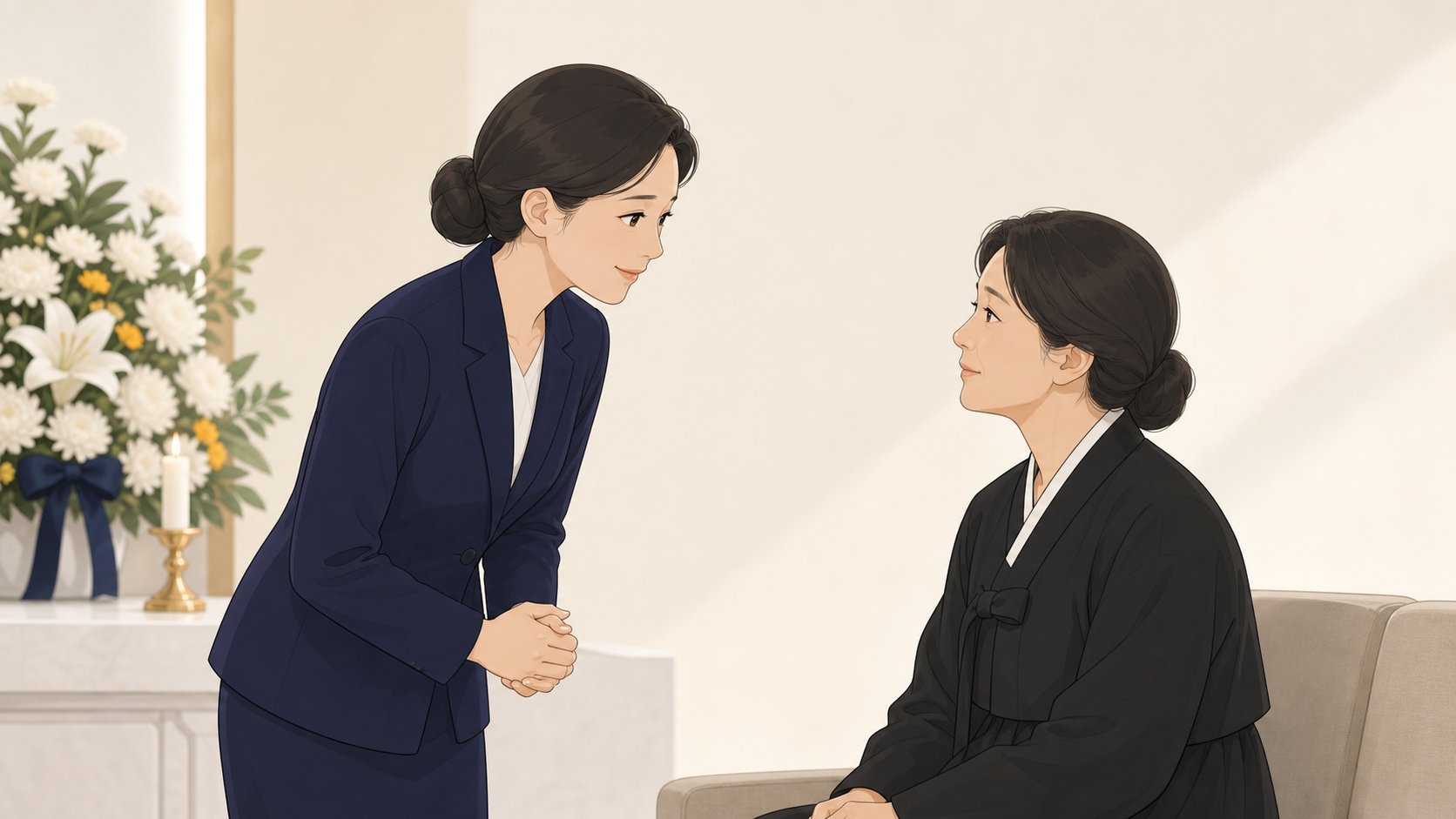 빈소에서 유족에게 두 손을 모으고 짧게 위로의 말을 건네는 조문객, 차분하고 진심 어린 장면