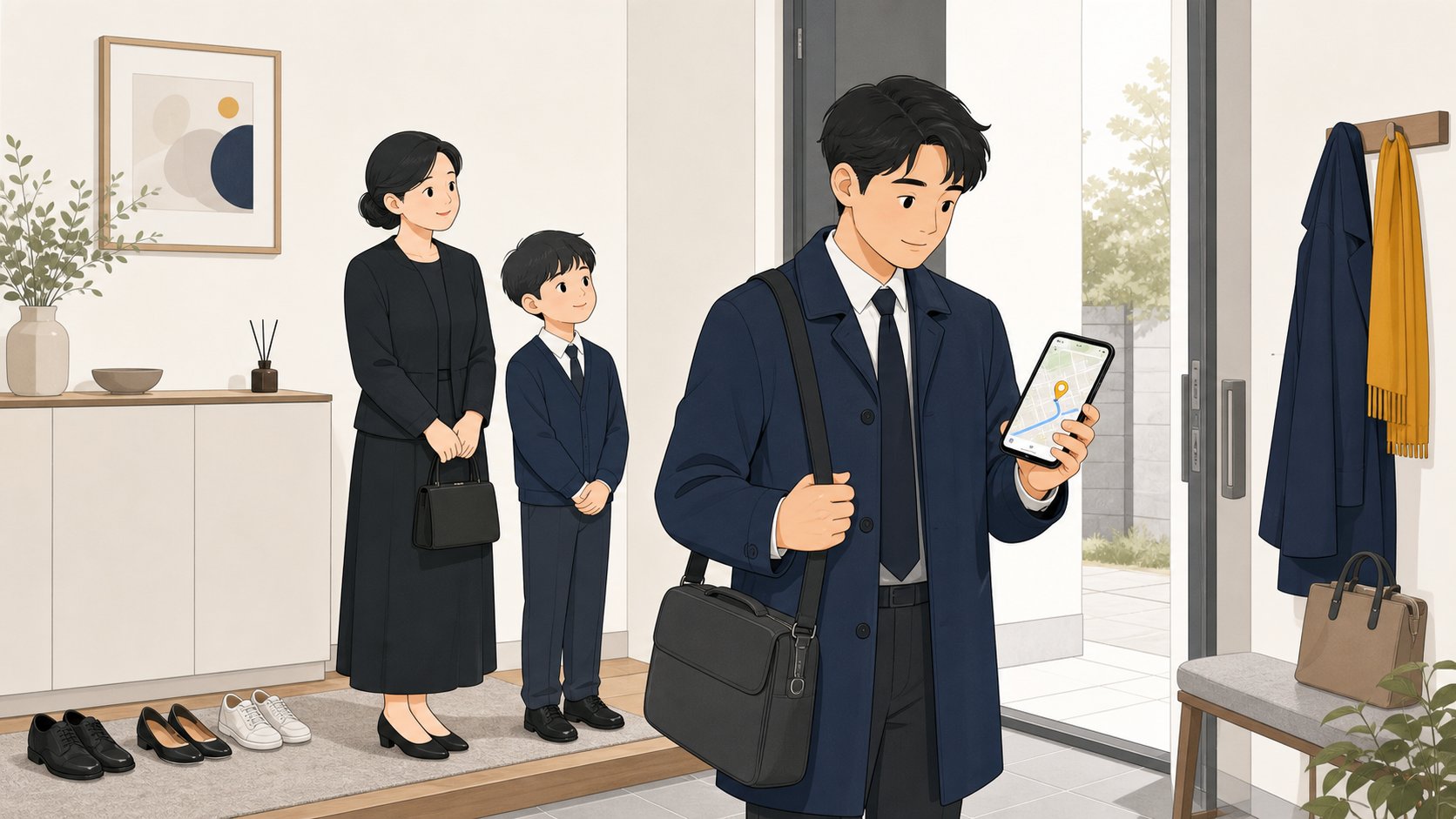 휴대폰으로 충청도 장례식장 위치를 확인하며 출발을 준비하는 조문객, 차분하고 정보적인 분위기