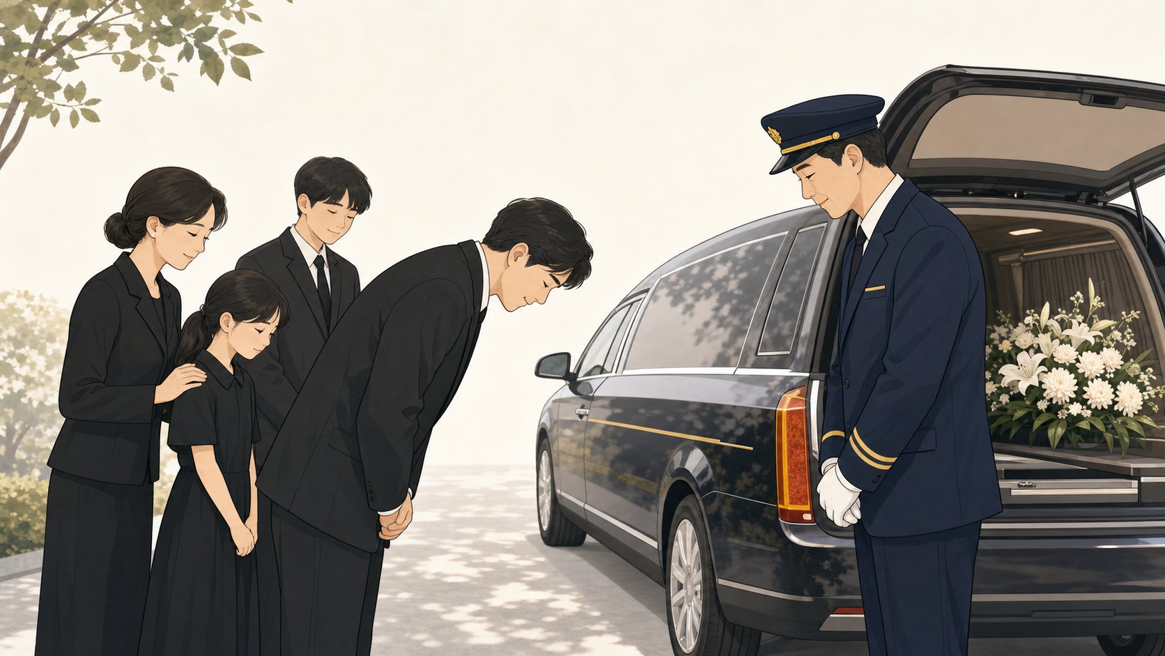 발인을 마친 뒤 운전기사에게 가볍게 목례하며 감사를 전하는 유족, 단정하고 따뜻한 장면